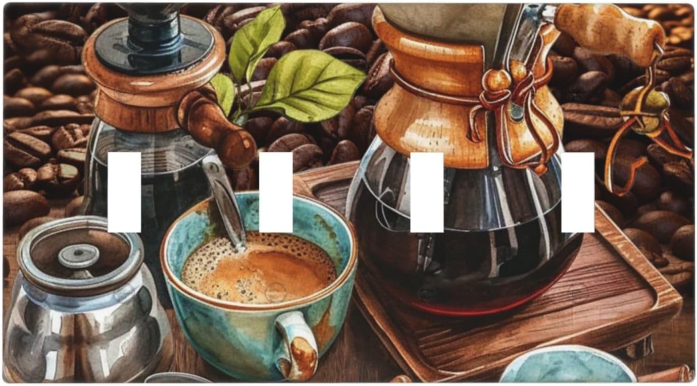 Decorative Light Switch Cover Plate Retro Coffee Maker Beans Cup 4 Gang Wall Plate Oversized Quad Toggle Switch Cover Plate Jumbo Faceplate for Kirchen Home Decor