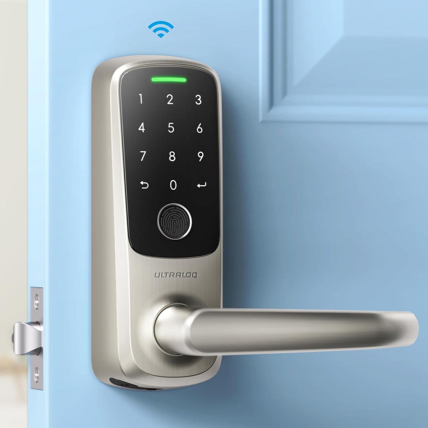 ULTRALOQ Latch 5 Smart Lock, Built- in WiFi 6 Fingerprint Door Handle Lock, Biometric Keyless Entry Door Lever with App, Digital Touchscreen Keypad, Smart Locks for Front Door, App Remote Control