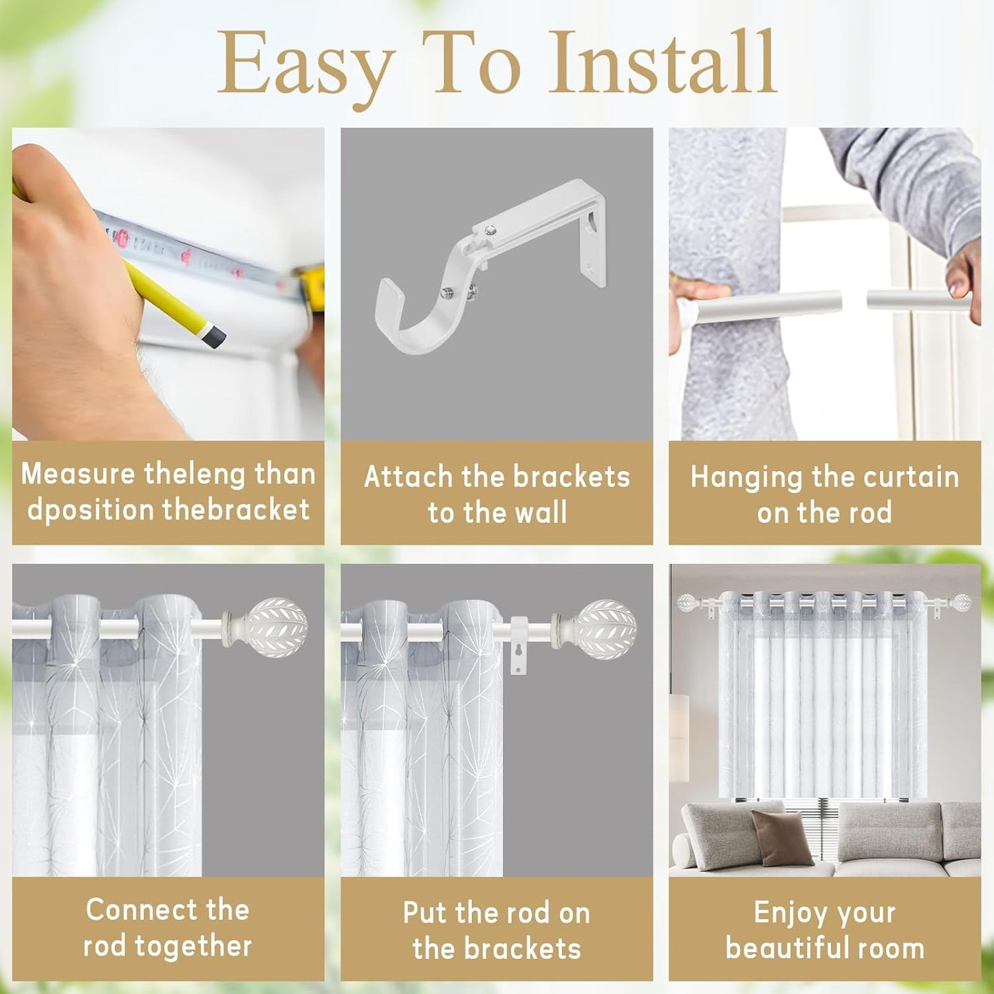 Weathered White Curtain Rod for Windows 48 to 84 Inches(4-7 ft)，1'' Diameter Heavy Duty Adjustable Curtain Rod with Leaf Pattern Finials - for Living Room, Bedroom,etc 36-88''