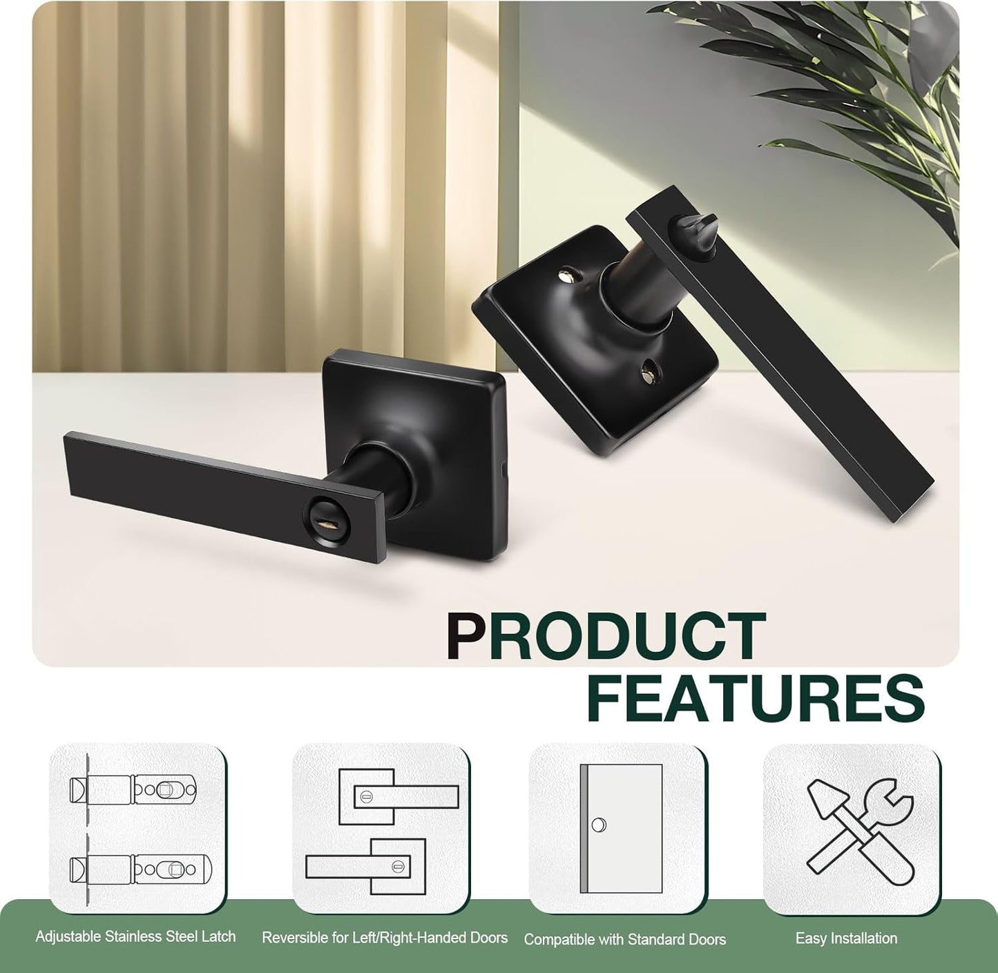 GOBEKOR 3 Pack Privacy Door Levers & Handles with Lock - Square Black Lever Door Handles for Bedroom & Bathroom