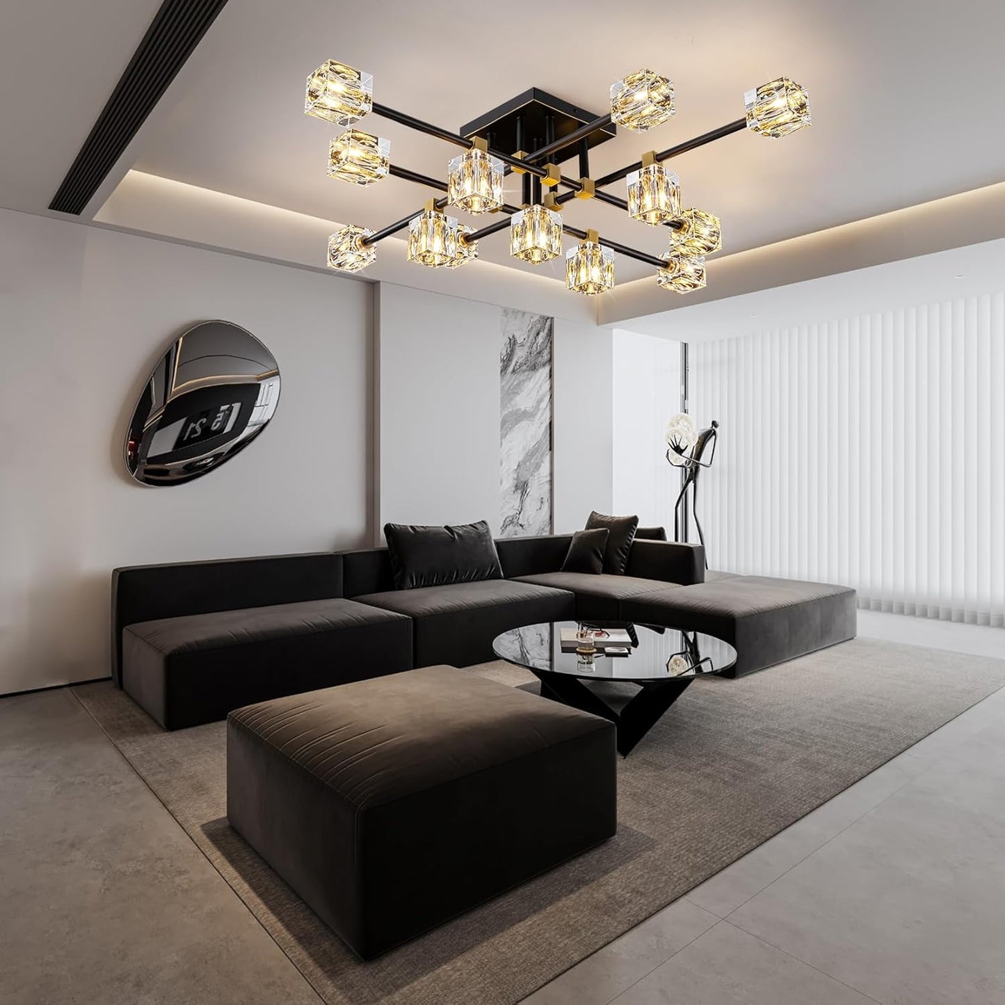 Crystal Ceiling Light Fixture with 13-Lights,Black and Gold Semi Flush Mount Ceiling Light,Modern Chandelier for Kitchen Island,Living Room,Bedroom,Dining Room