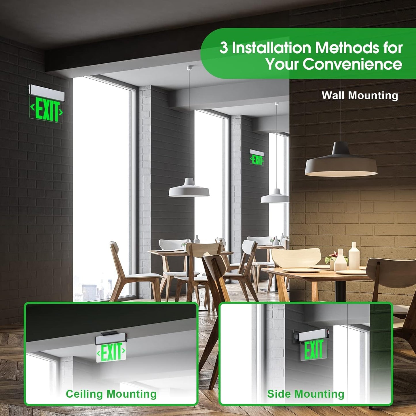 Green Led Edge Lit Exit Sign UL Listed, Brushed Aluminum Housing Double-Sides Mirrored Acrylic Emergency Exit Signs with Battery Backup, AC 120-347V Hardwired Exit Lights, Top/Side/Wall Mount (2 Pack)
