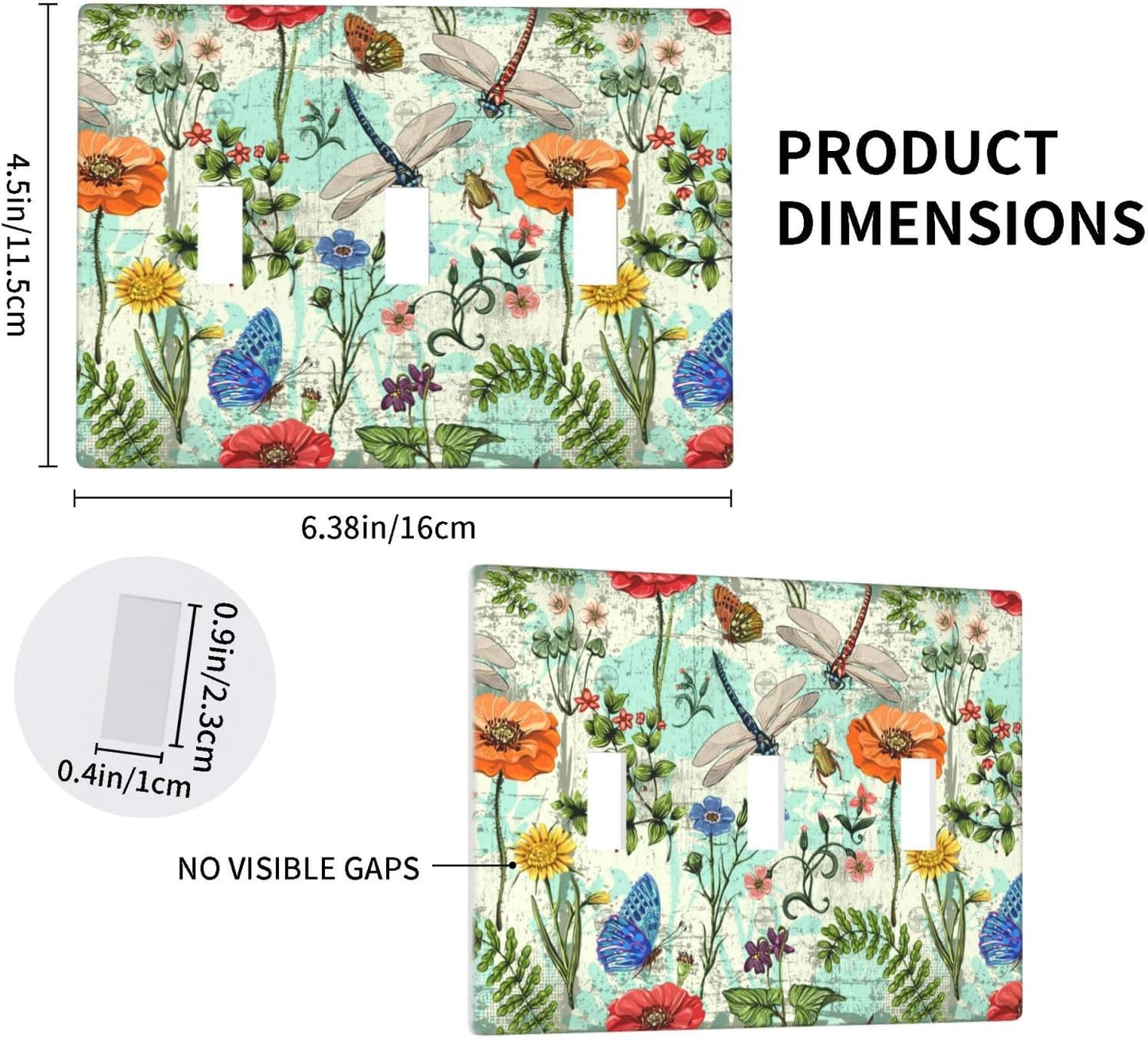 Dragonflies Flowers Butterfly 3 Gang Triple Toggle Outlet Light Switch Cover Decorative Wall Plate Cover For Home Living Bedroom Kitchen Decorative