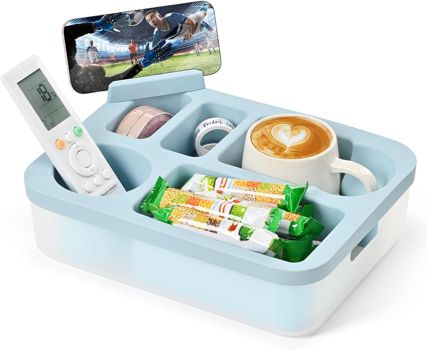 Couch Cup Holder Tray with Rotating Phone Stand & Anti-Spill Design, Silicone Sofa Caddy for Drinks, Remote, Snacks (Blue, 11.8"x 9.05")
