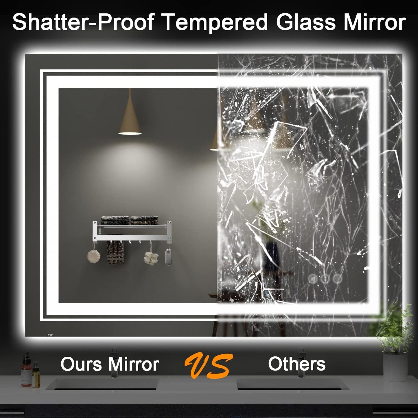 LED Bathroom Mirror, 60"X28" with Front and Backlit, Anti-Fog, Large Bathroom Vanity Mirror for Wall, Memory Function, Stepless Dimmable, Tempered Glass (Horizontal/Vertical)