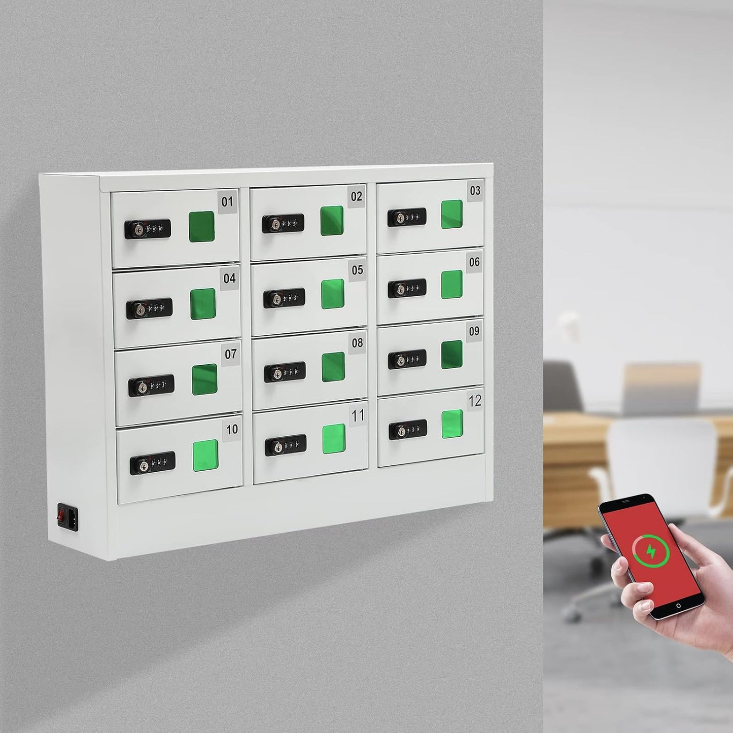 Cellphone Charging Station with Combination Lock, 12 Slots Cellphone Locker Mobile Device Phones Storage Pocket with 3-in-1 Charging Ports for Office Classroom Hotel (12 Slots)
