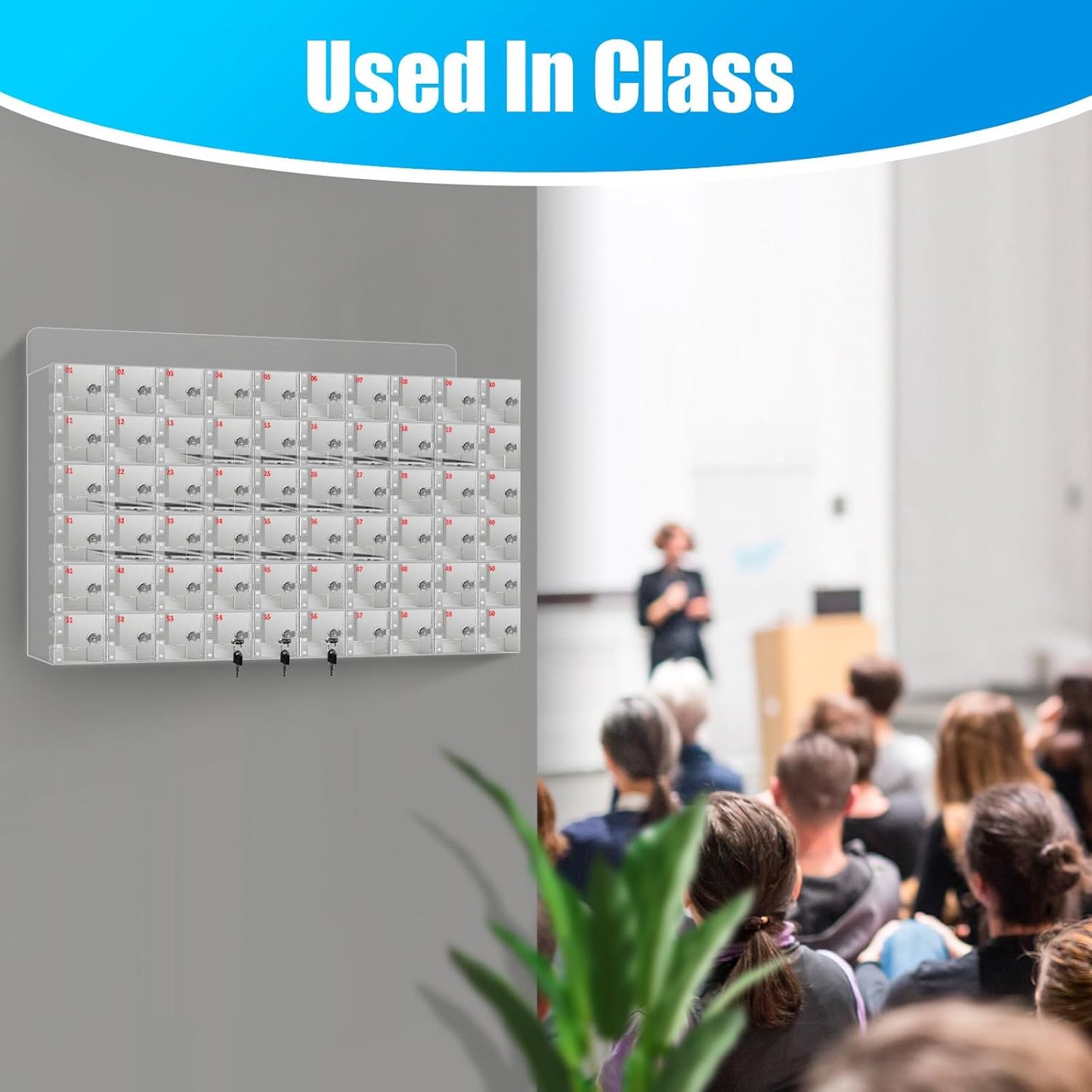 60 Slots Clear Acrylic Cell Phone Locker Box Wall-Mounted with Keys, Lockable Secure Storage Cabinet for Classroom Office Gym, Multi-Use Phone Lock Organizer for Employees Students (Large)