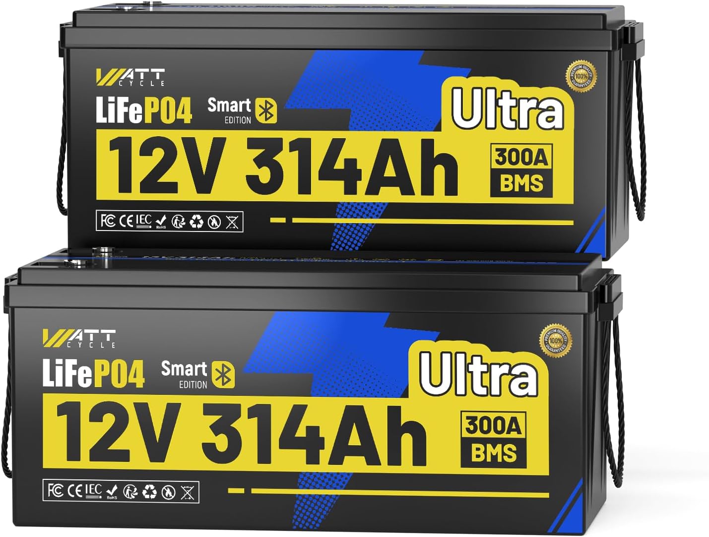WattCycle 12V 314Ah LiFePO₄ Battery 2 Pack, Lithium Battery 12V 300A BMS, Lithium RV Batteries Built-in Bluetooth, IP65 Marine Batteries, Perfect for Home Energy Storage, RV, Marine, Solar, Off-Grid
