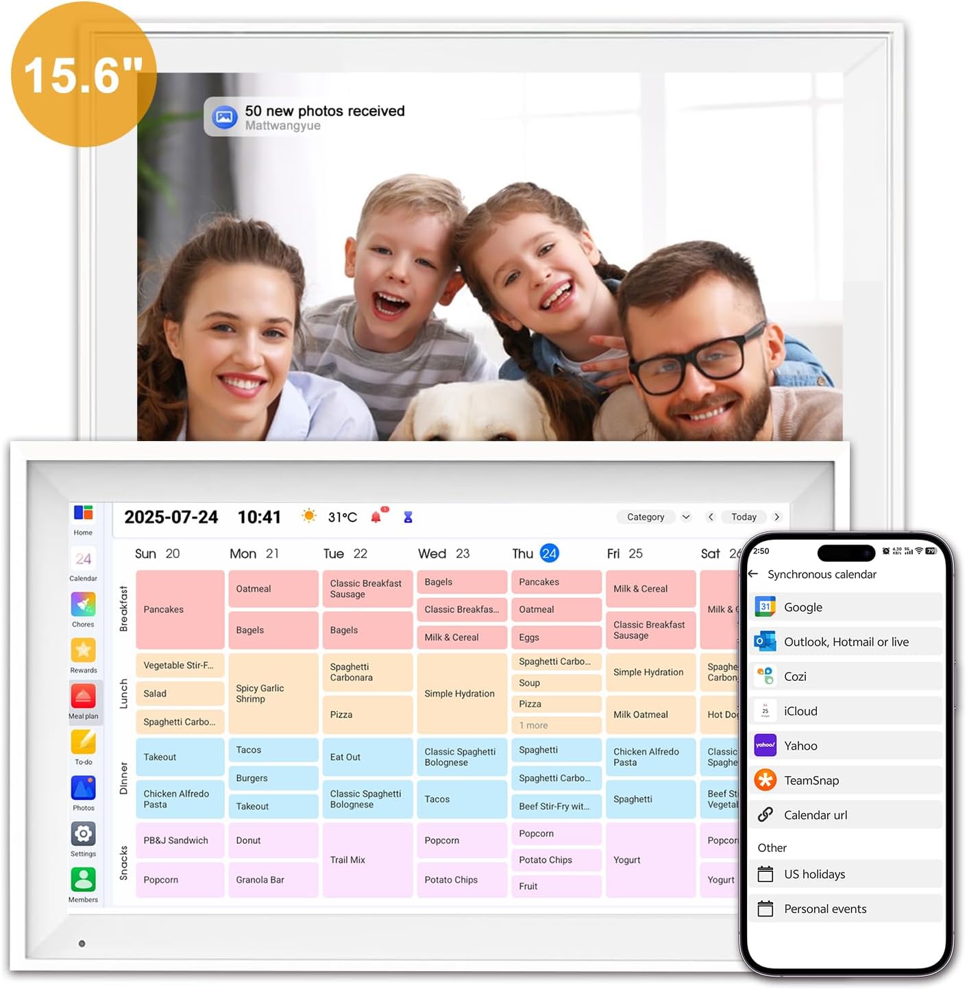 15.6 Inch Digital Calendar Wall Touch Screen Chore Chart, 64GB Electronic Calendar + 1080 FHD Smart Family Planner, Wall and Desk Mountable