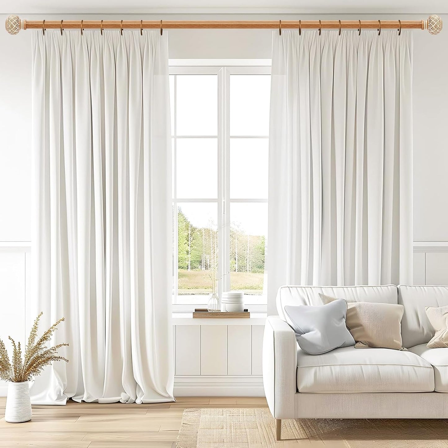 Wood Curtain Rods for Windows 66 to 120 Inches, Decorative 1'' Diameter Heavy Duty Adjustable Rustic Farmhouse Drapery Pole with Boho Imitation Wooden Grain Finials, Size: 30''-120'', Brown