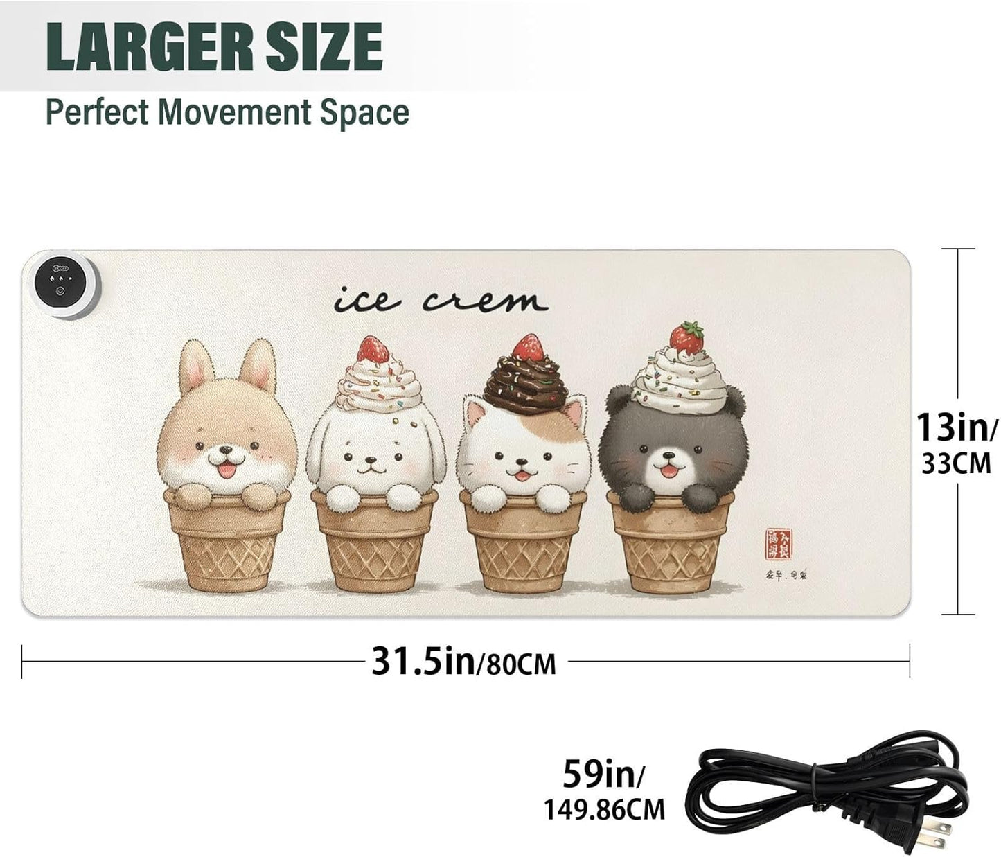 Large Heated Mouse Pad,Leather Desk Mat,31.5"x13",Hand Warmer Pads for Desk,Bunny（Off-White）
