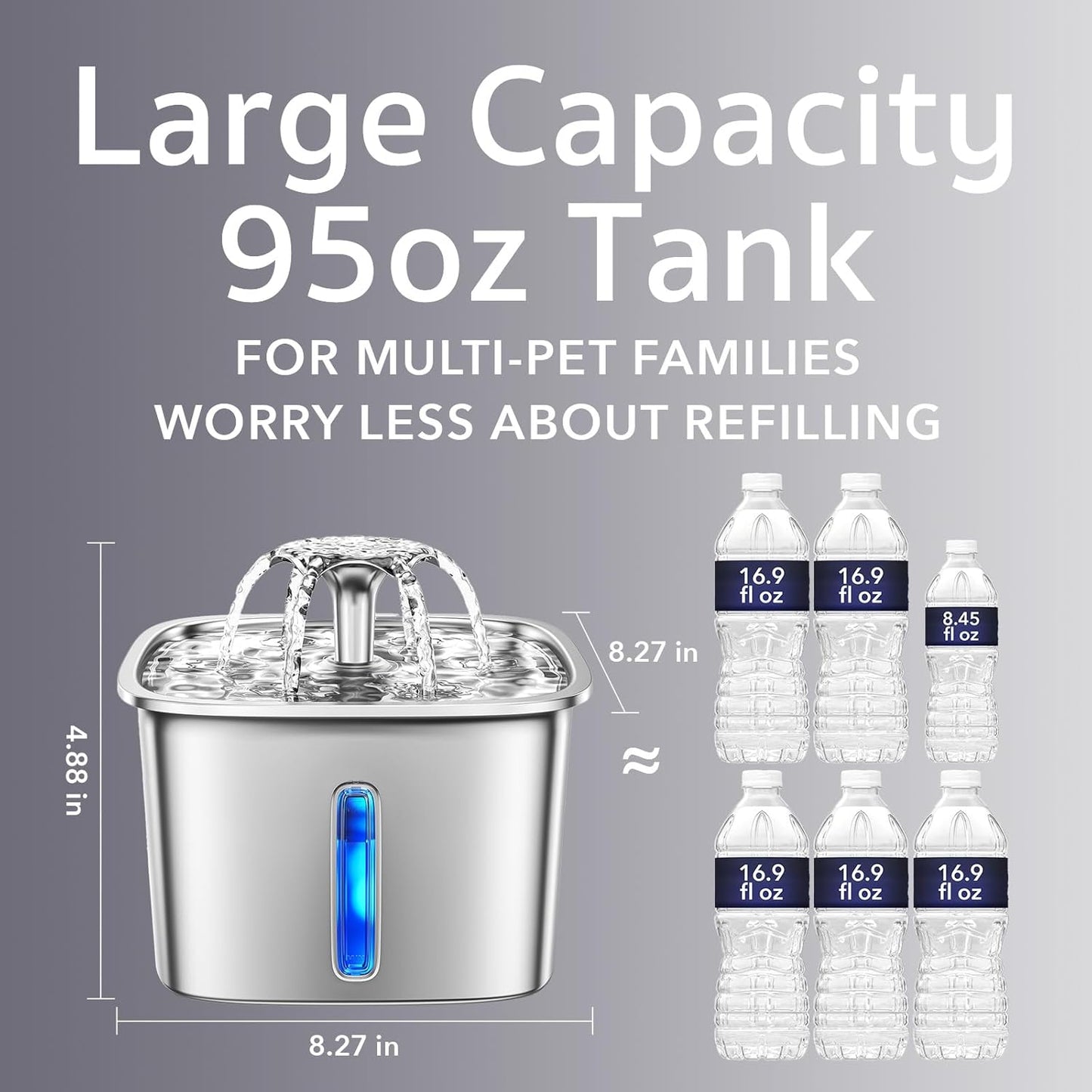 Veken Innovation Award Winner Stainless Steel Cat Water Fountain, 95oz/2.8L Automatic Pet Fountain with 6 Replacement Filters & 6 Pre-Filter Sponges & Silicone Mat for Cats, Dogs (Silver)
