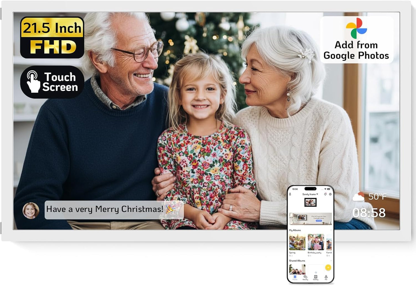 NexFoto Touchscreen Digital Picture Frame Large 21.5 Inch, WiFi Digital Photo Frame 64GB, Add Photos from Google Photos, Upload via App/USB/Micro SD, Gifts for Christmas/Mom/Grandparents, White