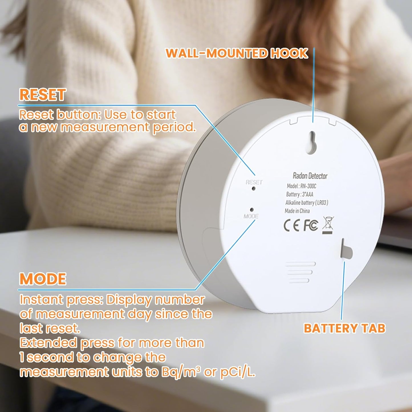 Radon Detector for Home, Portable Radon Tester, Lightweight, Easy to Use, Radon Tester with E-Ink Display, No Lab Fees, 3 AAA Batteries Powered, Bq/m3 and PCi/L Optional, White