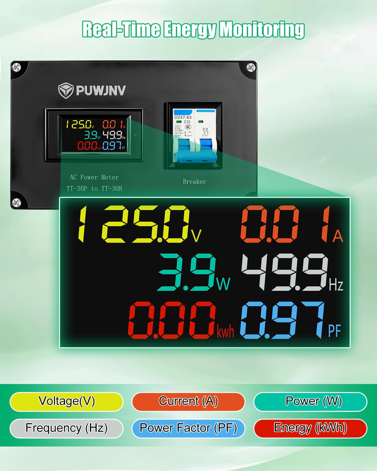 30A AC Power Meter, 125V NEMA TT-30P to NEMA TT-30R Outlet Energy Monitor, LCD Display Digital Multimeter Tester, Voltage Current Power Frequency Meter with Overload Protection