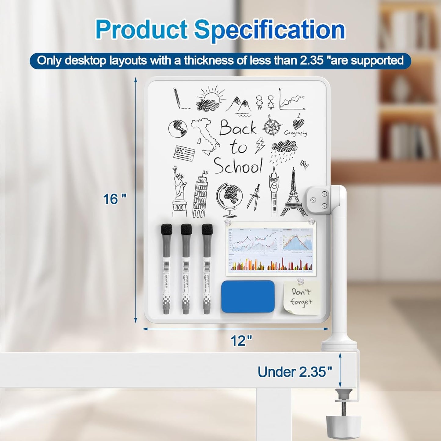 Double-Sided Desk Whiteboard with Dual 360° Swivel - 16" x 12" Clamp-On Desktop Whiteboard for Tables Under 2.3" Thick for Office, Home, School(1pc)
