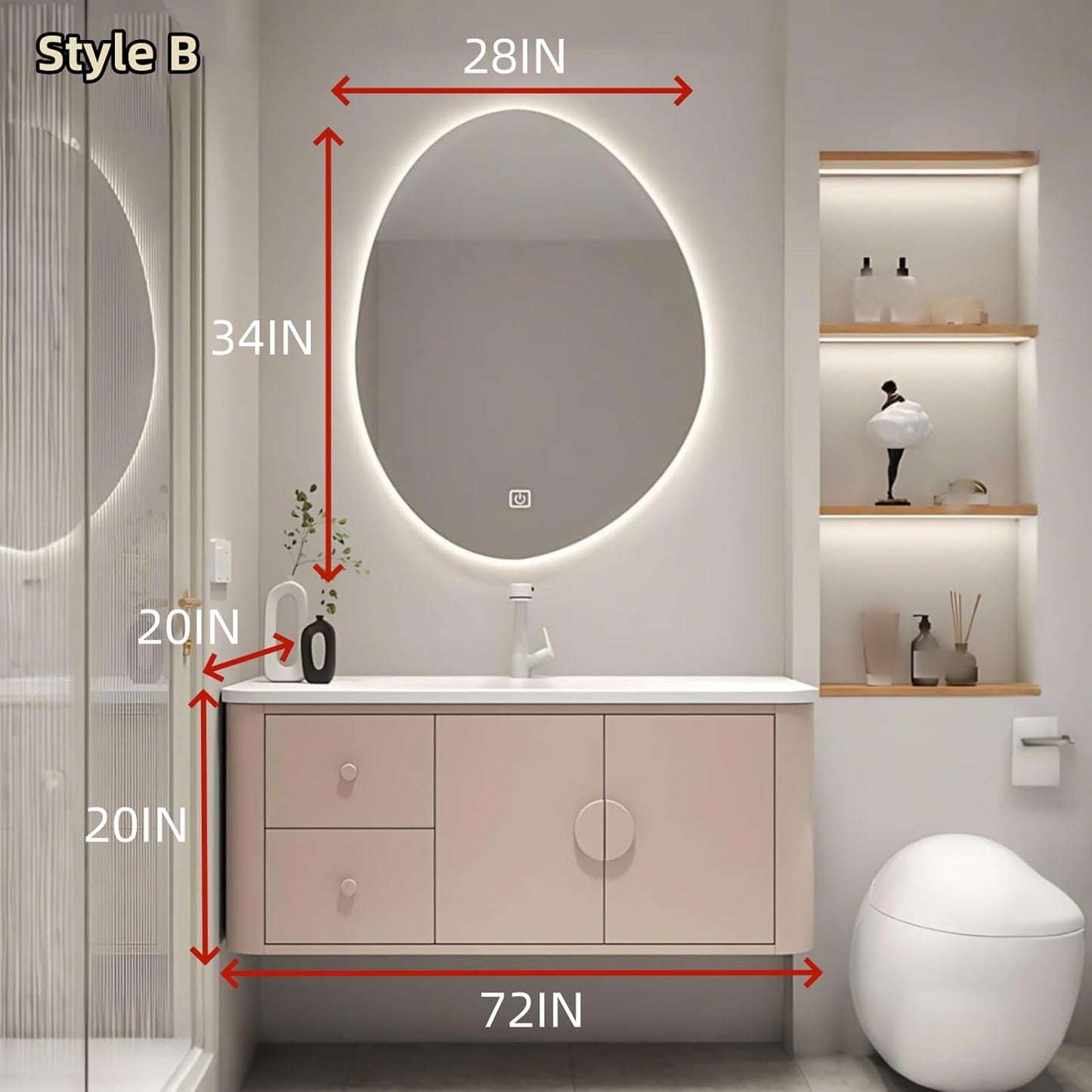 72IN Pink Modern Bathroom Vanity - Bathroom Vanities Set with 2 Drawers Wall Mounted | Rounded Corner Smart Defogging Mirror Cabinet with Lighting & Time Display, Side Opening Storage Shelf (Style B)
