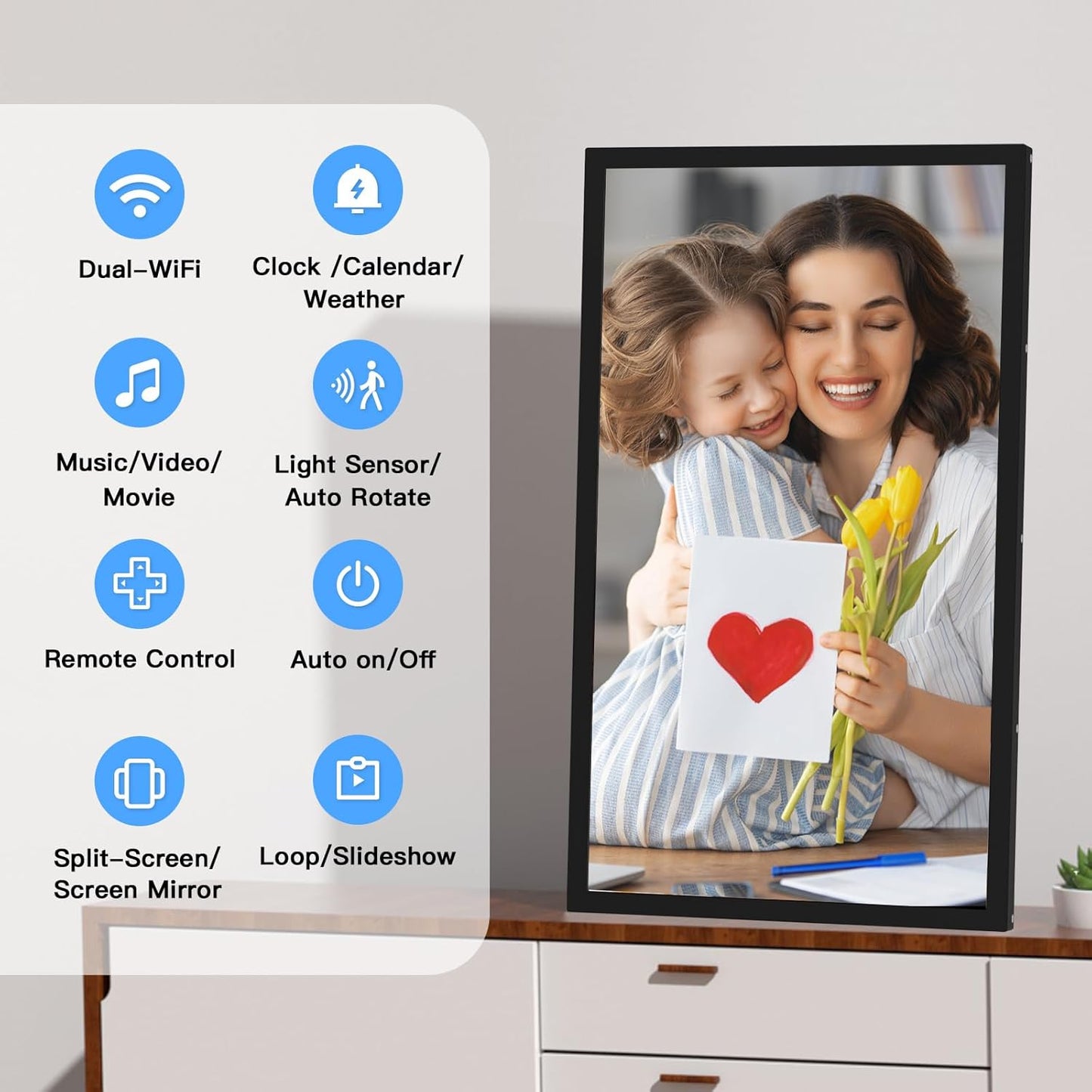 Large Digital Picture Frame 21.5 inch WiFi-Photo-Frame - 32GB, 1920x1080 IPS FHD, Auto Rotate, Load Photos Videos from Phone via App Email, Free Cloud Storage, Wall Mounted, Gift for Father Mother