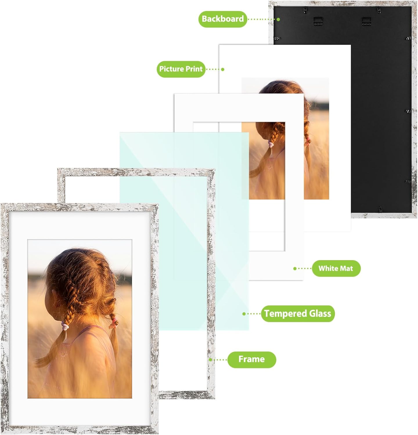 Golden State Art, 16X24 Picture Frame with Mat for 12X18 - High Definition Glass Wall Mounting Horizontal Vertical Display (Weathered White, 1 Pack)