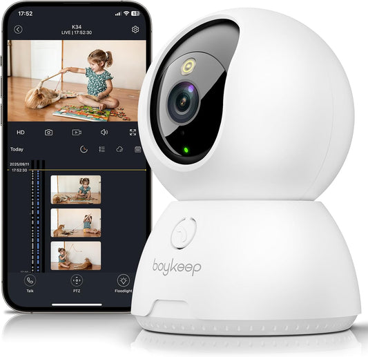 BoyKeep Indoor Camera, 2K Cameras for Home Security with Motion Detection, Pet Camera Indoor with Phone App, Color Night Vision, 2-Way Audio, Cloud/TF Card Storage, Compatible with Alexa