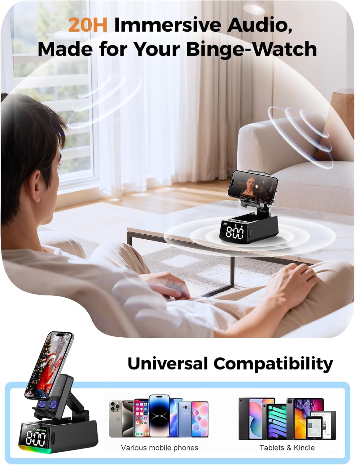 Bluetooth Speaker Birthday Gift for Men:Induction Cell Phone Stand HD Sound Valentines Gifts For Him Her Adult Teen,Anti-Slip Phone Holder Kitchen Gadget Women Mom Wife,Dad Husband Boyfriend(Black)