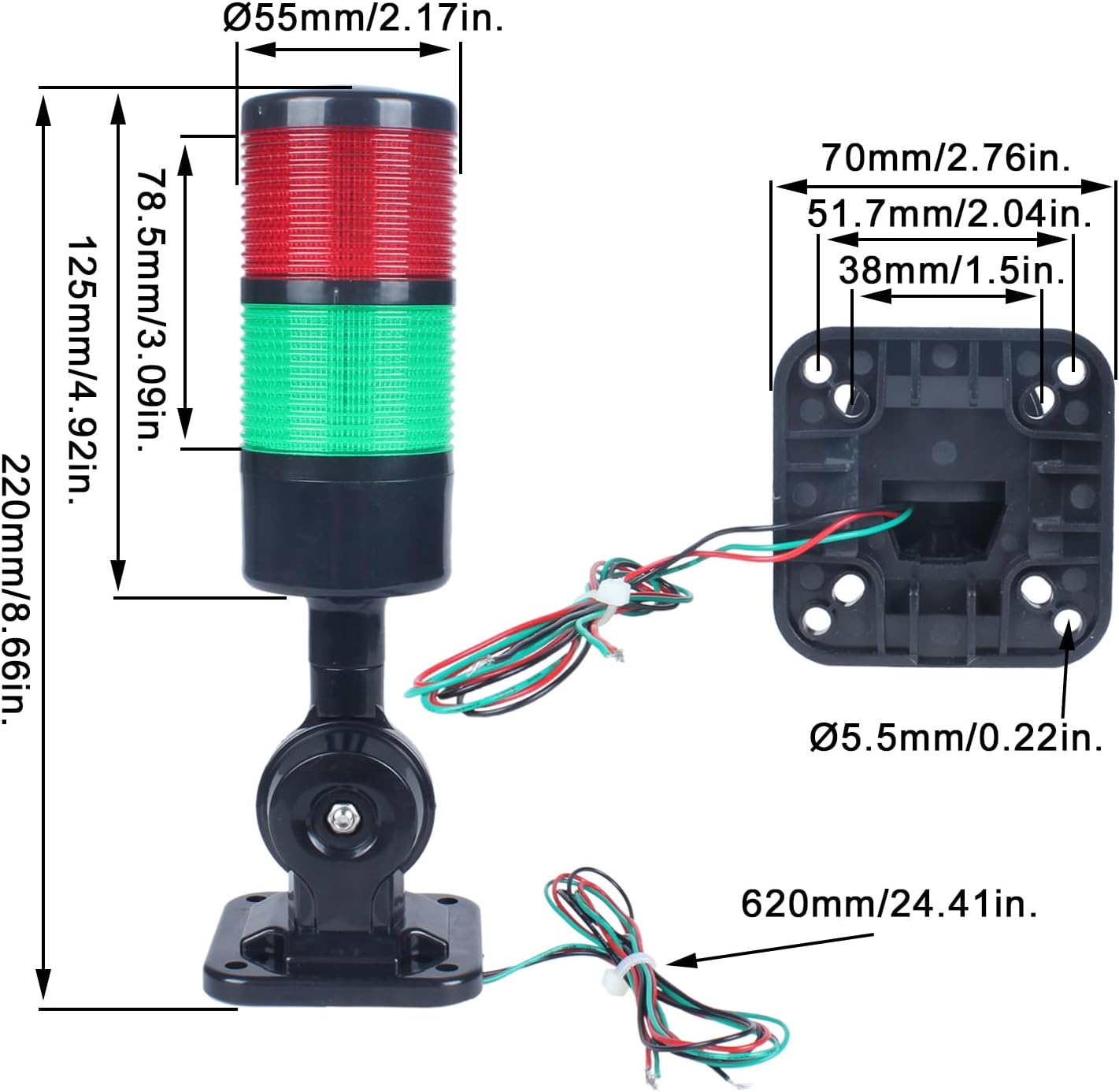 Led Signal Tower Stack Lights, Industrial Signal Warning Lights, Column Tower Lamp with Rotatable Base, Steady/Flashing Switchable,12V 24V DC(2-Layer, no Buzzer) Black