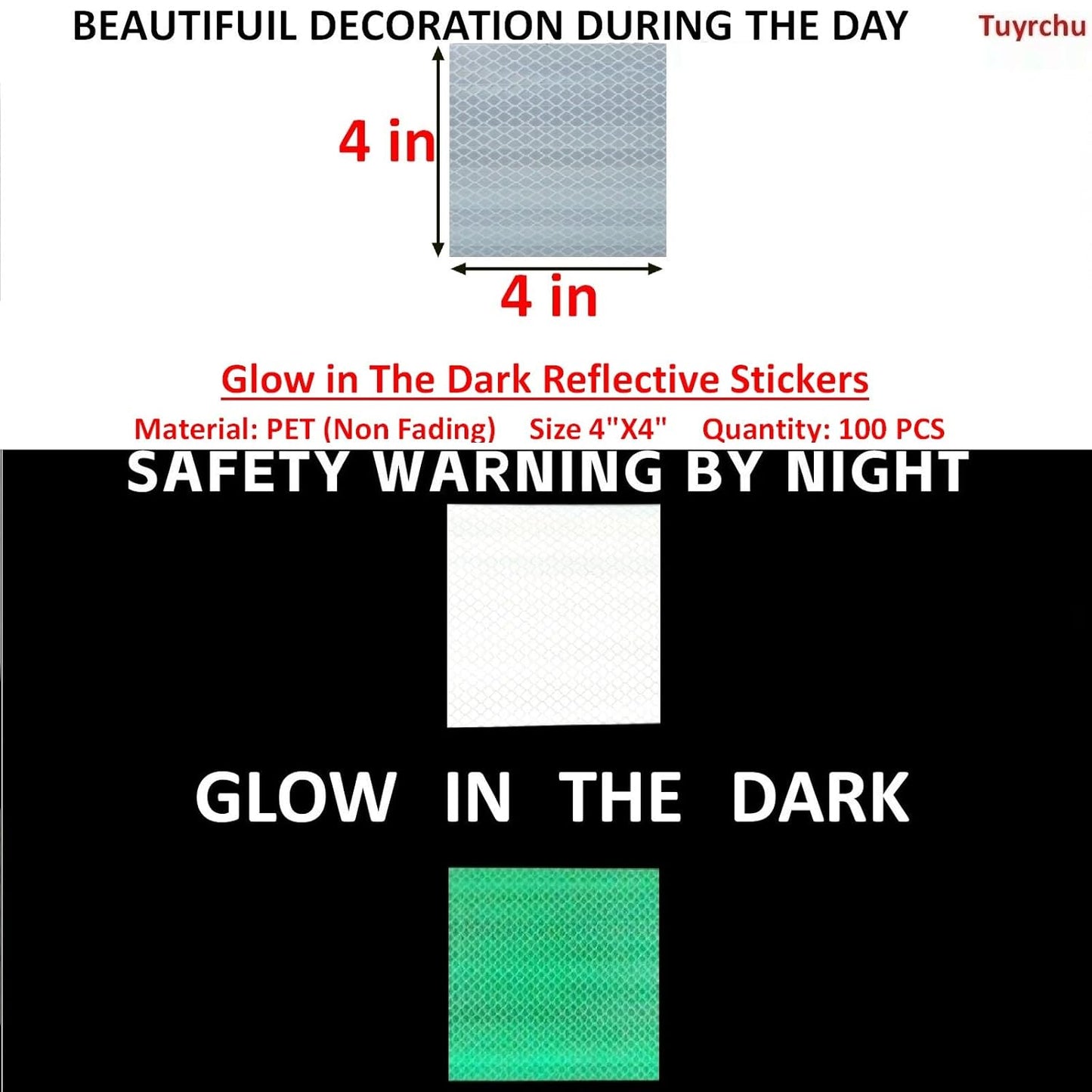 Glow in The Dark Reflective Stickers 4 inch X 4 inch for Car, High Visibility Warning Safety Reflective Strips (100 Pcs)