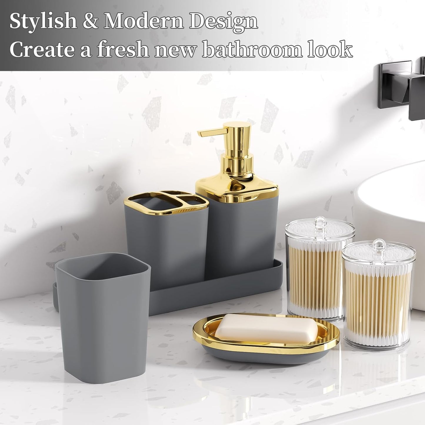Grey Bathroom Accessories Set, Bathroom Sets with Shower Curtain, Grey Bathroom Accessories with Trash Can, Soap Dispenser, Soap Dish, Toilet Brush Holder, Qtip Holders for Bathroom