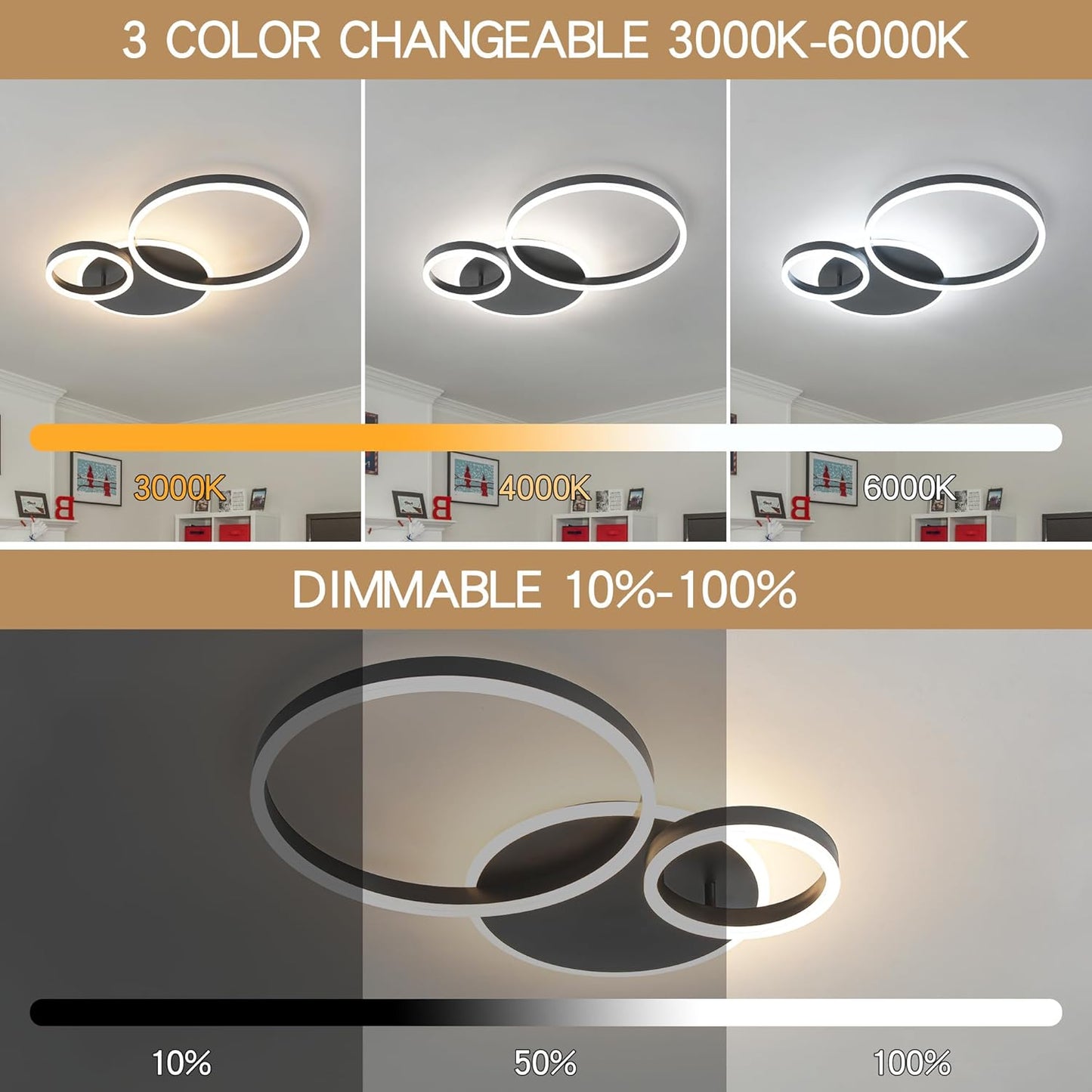 O'NEELDY Modern Dimmable LED Flush Mount Ceiling Light Remote Control Acrylic Ring Chandelier, 48W 3000K-6000K Adjustable, Black Fixture for Bedroom, Living Room, Dining Room, Kitchen and Hallway