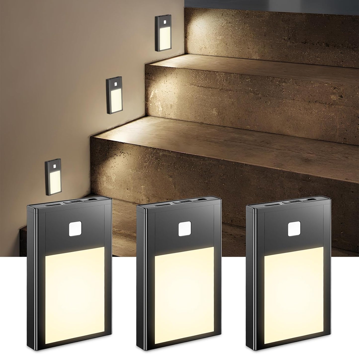 VST Motion Sensor Step Night Lights, Rechargeable Battery Powered Stair Lights with Magnetic Suck Installation for Indoor Bedroom Hallway Stair Nursery Kids Room (2.68 inch 3000K 3Pack Black)