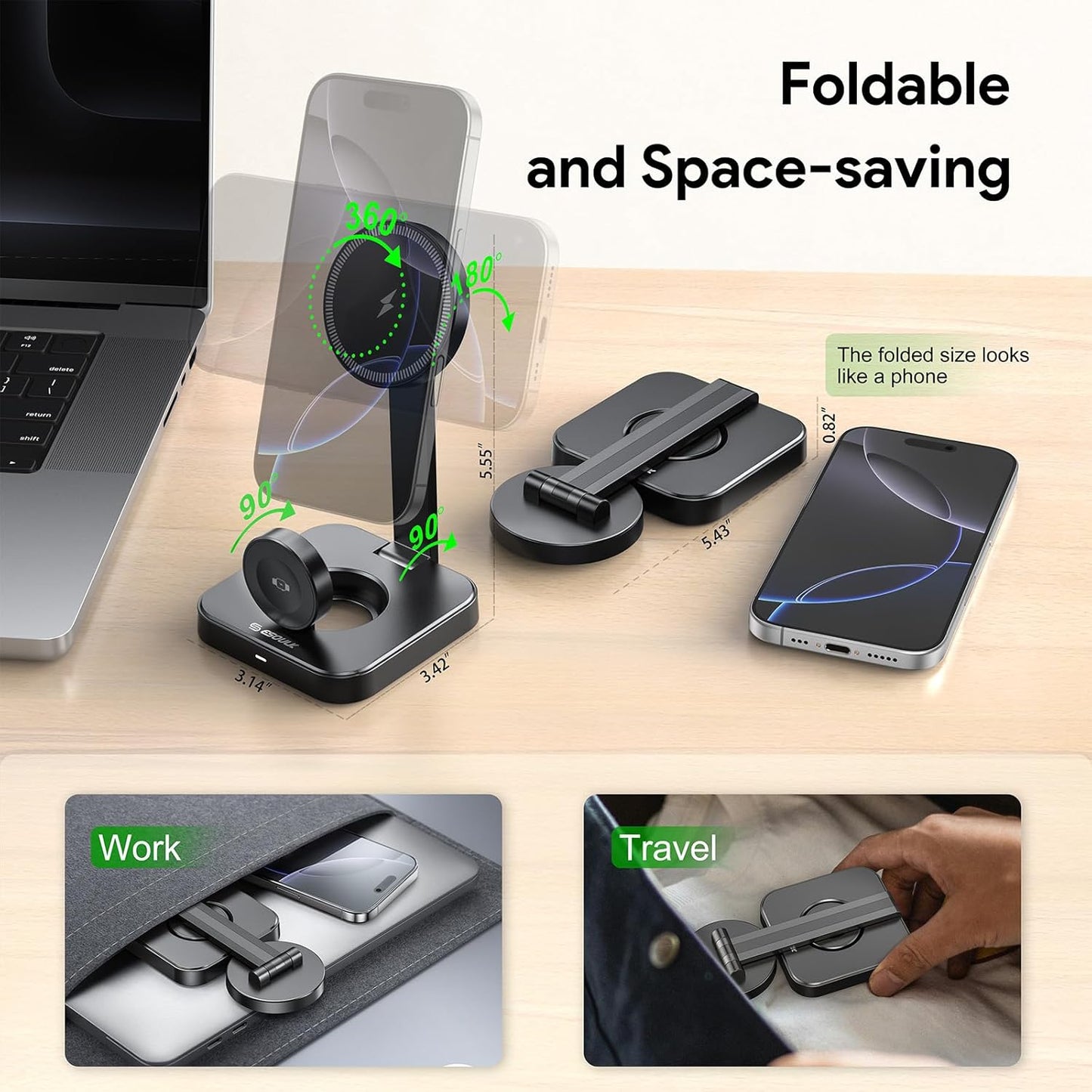 Esoulk 15W 2-in-1 Wireless Charger, Foldable Magnetic Fast Charging Station for iPhone, Apple Watch, and Smart Watch