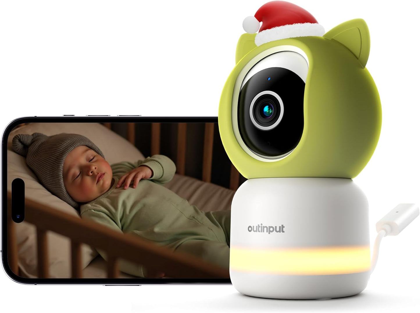 Outinput Baby Monitor with Camera and Audio, 2K 4MP Indoor Security Camera for Home, 360° PTZ, AI Crying & Feeding Alerts, Night Vision with Gentle Light, Soothing Lullabies, 2-Way Audio