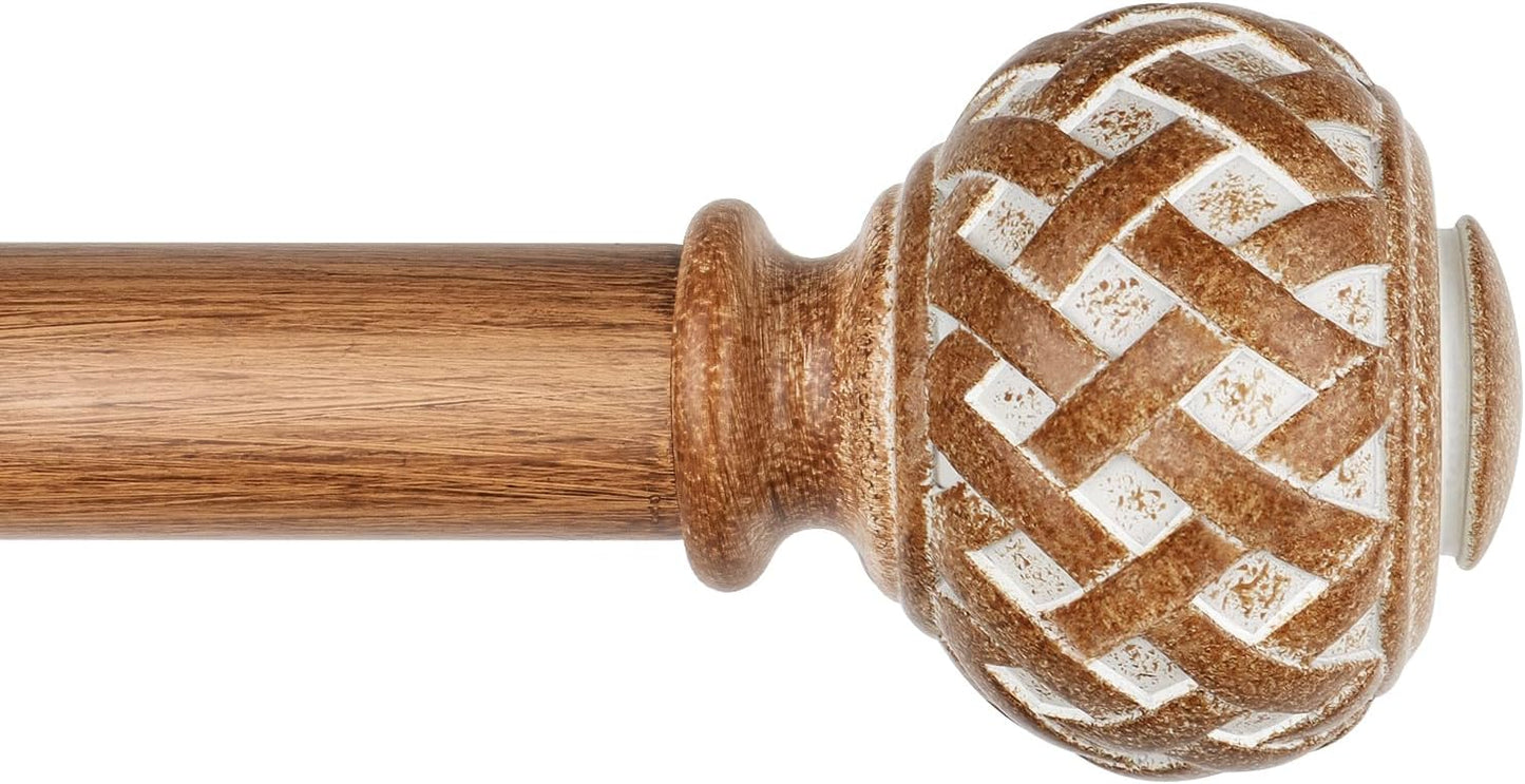 TONIAL Wood Curtain Rod 32 to 144 Inches, 7/8 Adjustable Curtain Rods for Windows 20 to 140 Inches, Splicing Drapery Rods Decorative with Netted Texture Finials