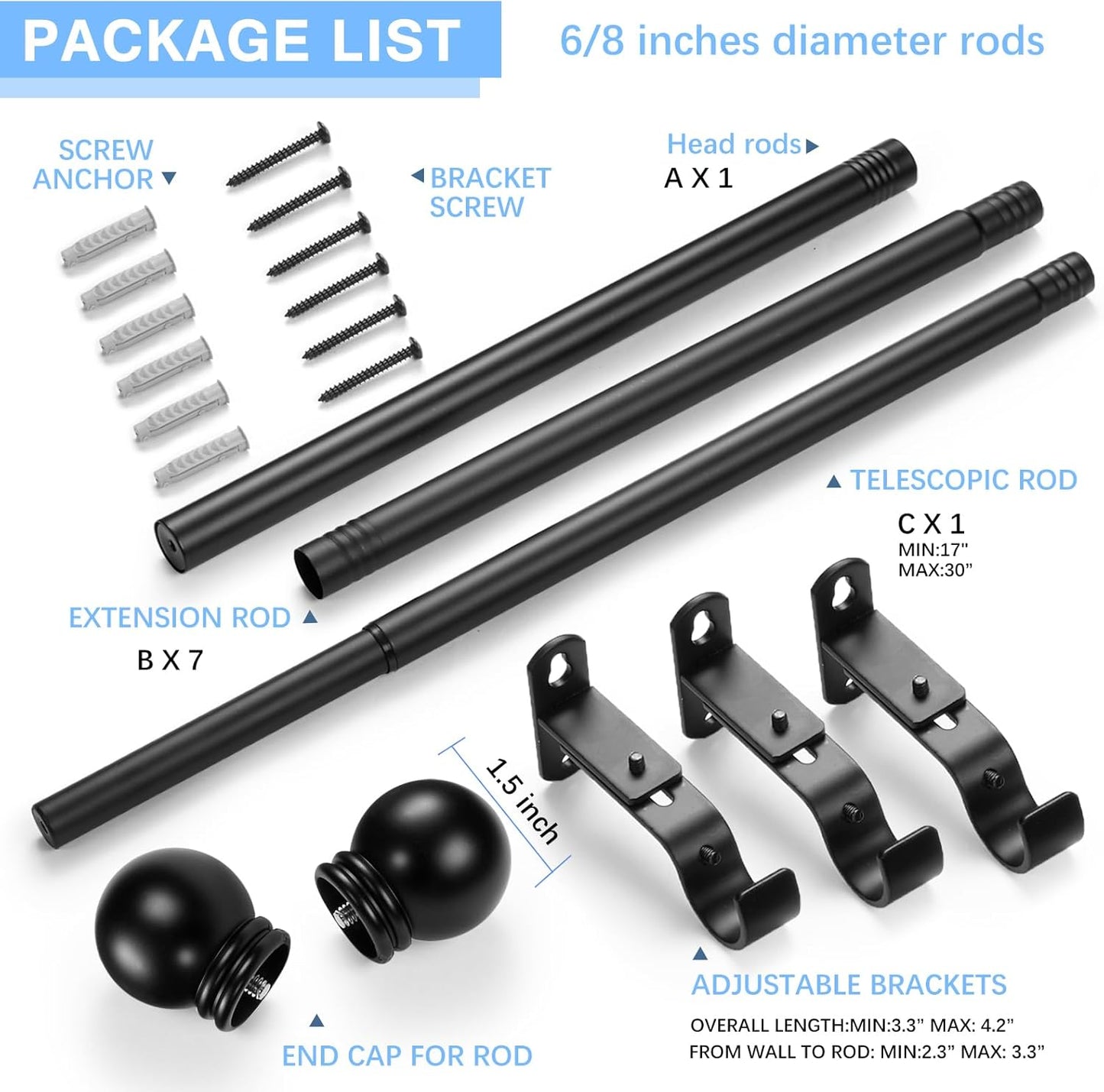 Curtain Rods for Windows 16 to 136 Inches, Curtain Rod Max Adjustable Length of 144 IN, 6/8" Diameter Drapery Rods Round Finials, Black, Pack of 1
