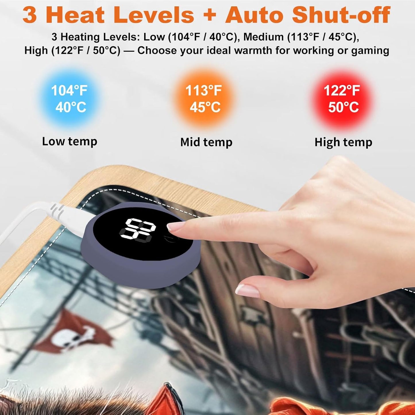 Heated Mouse Pad for Desk 31.5" x 13" – PU Leather Warm Desk Pad with 3 Heat Levels (104°F/113°F/122°F), Plug-in Electric Heating Mat with Auto Shut-Off, Waterproof & Rollable, Pirate Cat
