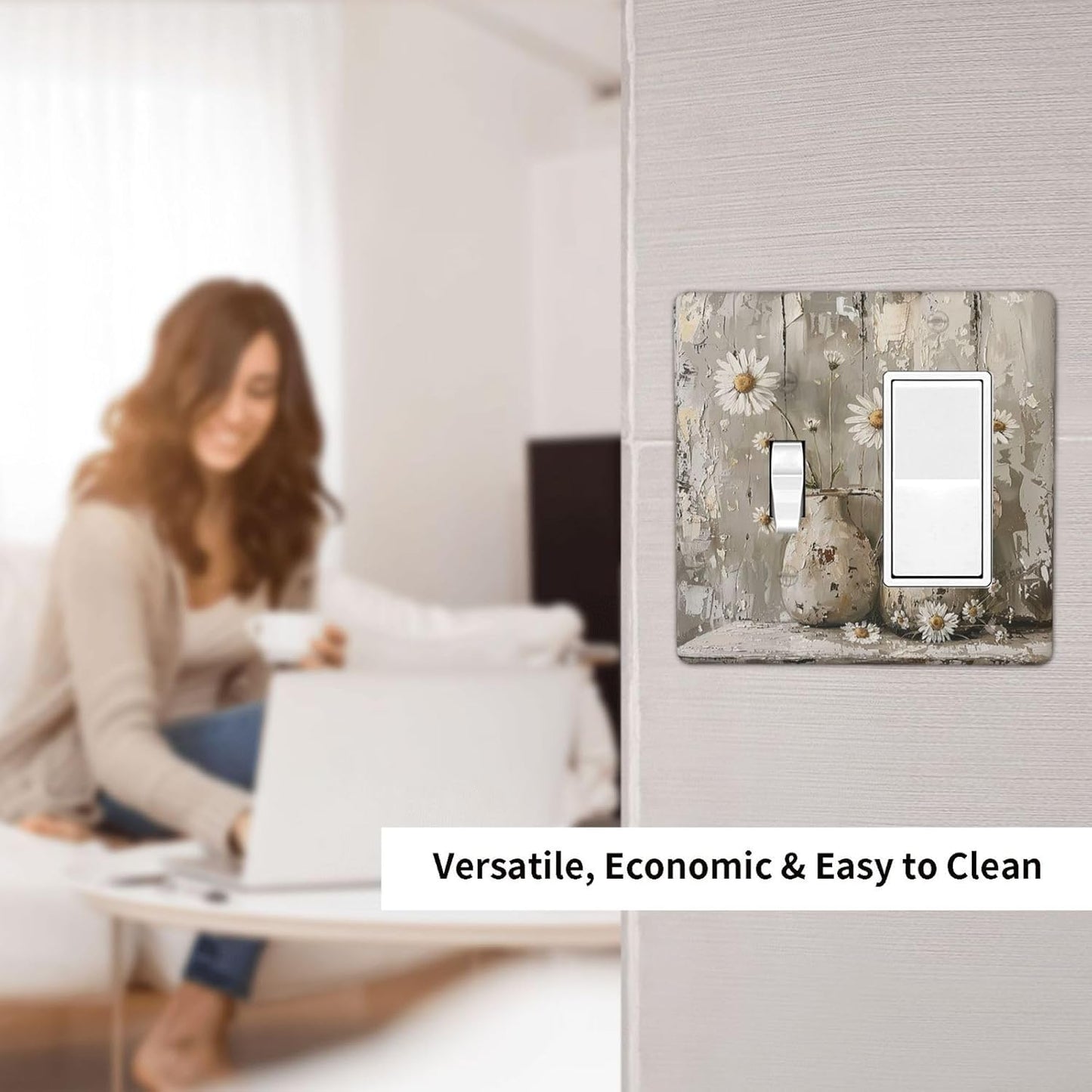 Outlet Covers Vintage Rustic Floral White Daisy Flower Oil Painting Style 1 Toggle 1 Rocker Combination Decorative Wall Plate Electrical Switch Plates Light Switch Cover Plate for Home