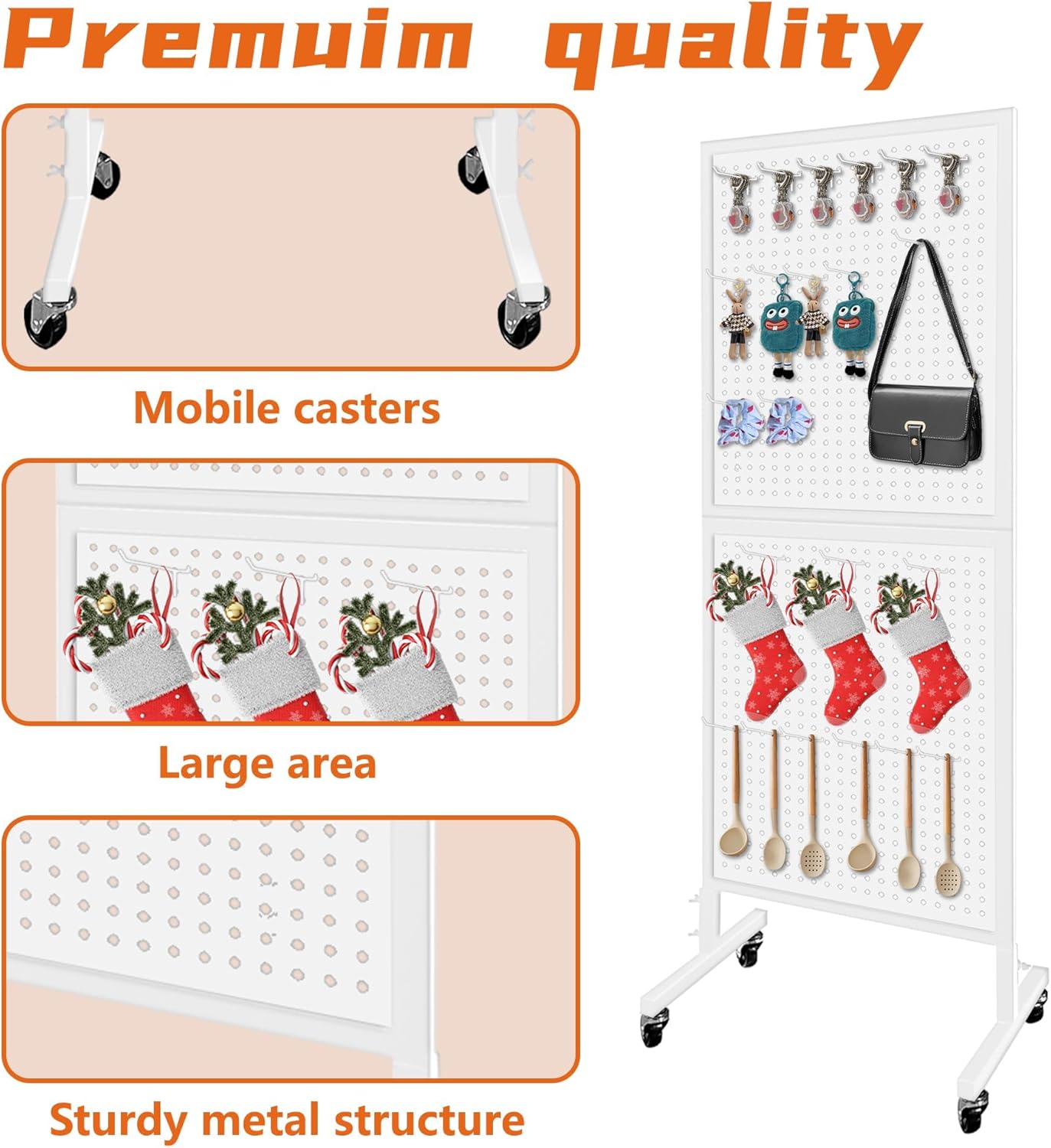 Royxen Metal Pegboard with 30 Hooks and Wheels,2 x 5.5 Feet Pegboard Display Rack, Standing Pegboard Display for Home and Store, White