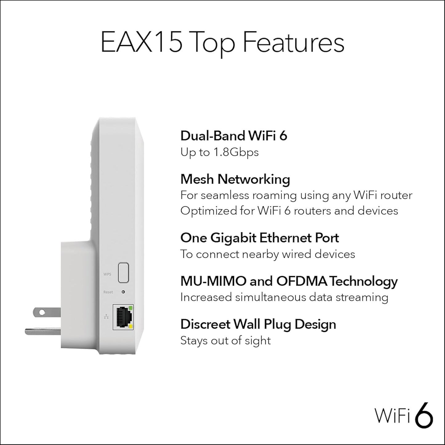 NETGEAR WiFi 6 Mesh Range Extender (EAX15) - Add up to 1,500 sq. ft., 20 Devices with AX1800 Dual-Band Wireless Signal Booster & Repeater (up to 1.8 Gbps Speed), WPA3 Security, One WiFi Name