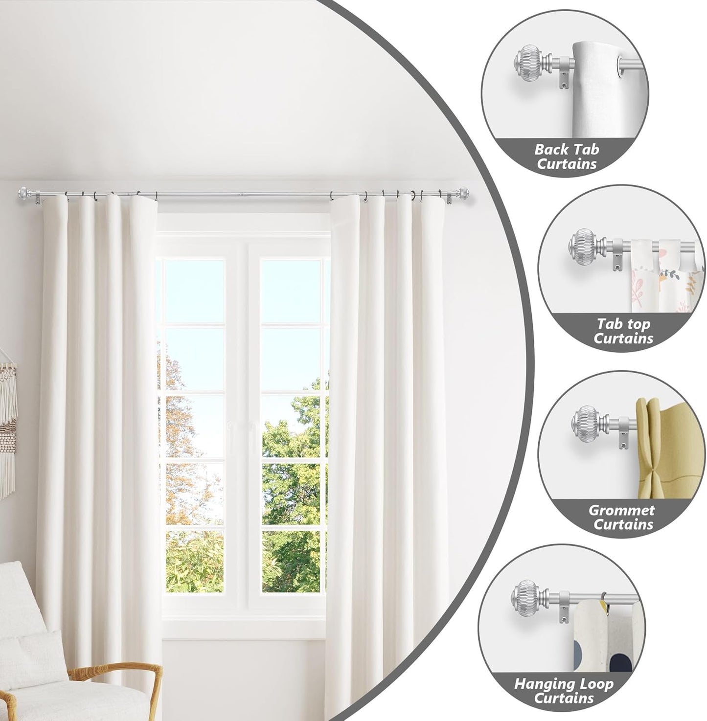 Silver Curtain Rods for Windows 66 to 120 Inches 1 Inch Adjustable Heavy Duty Curtain Rods with Lantern Ball Finials,Window Treatment Single Curtain Rod Set