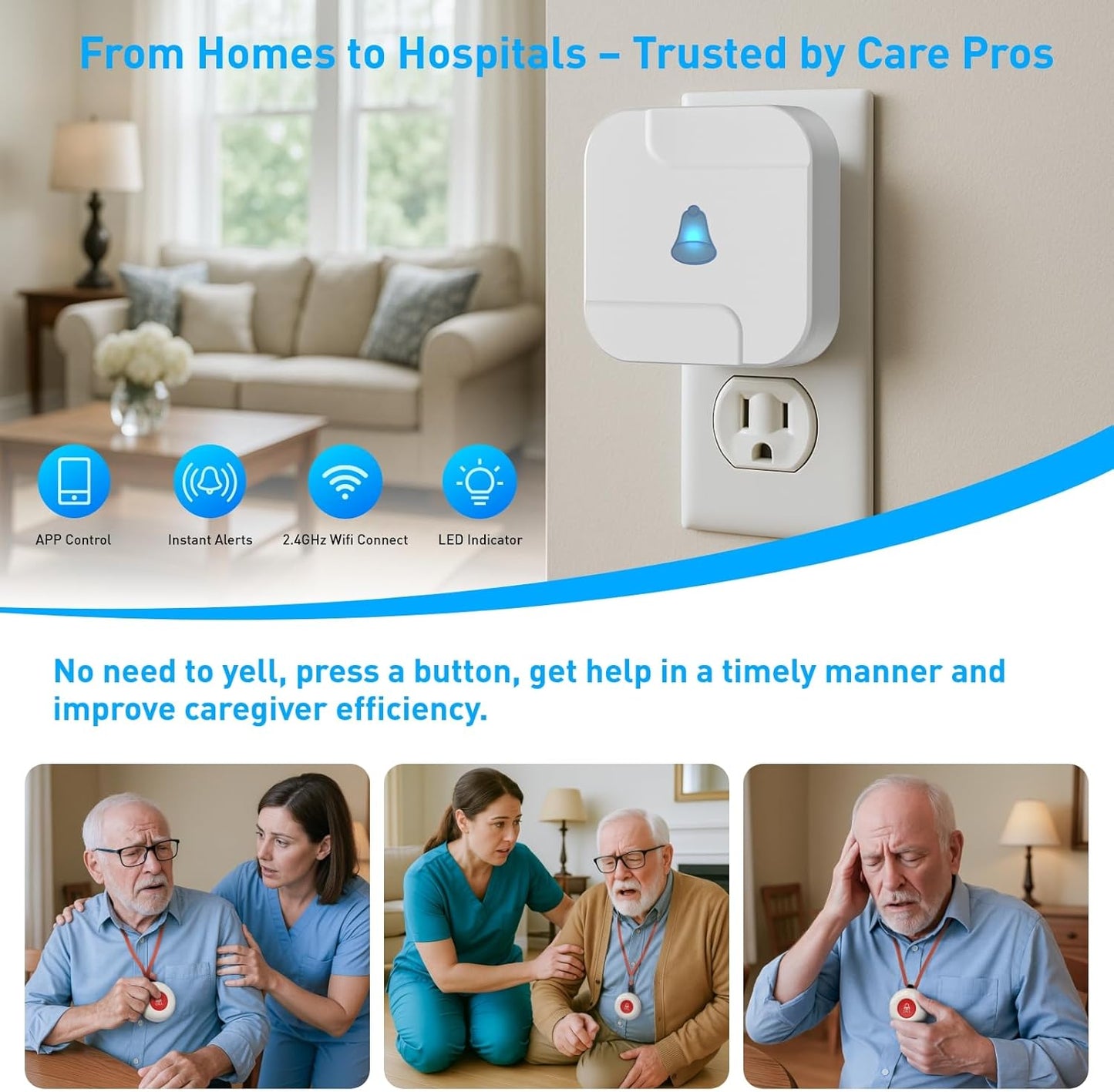 WiFi Caregiver Pager System with Emergency Button for Elderly - 1 SOS Alert Watch + 2 Wireless Call Buttons + 1 Receiver for Seniors Patient Disabled Kids (2.4GHz WiFi, No Monthly Fee)