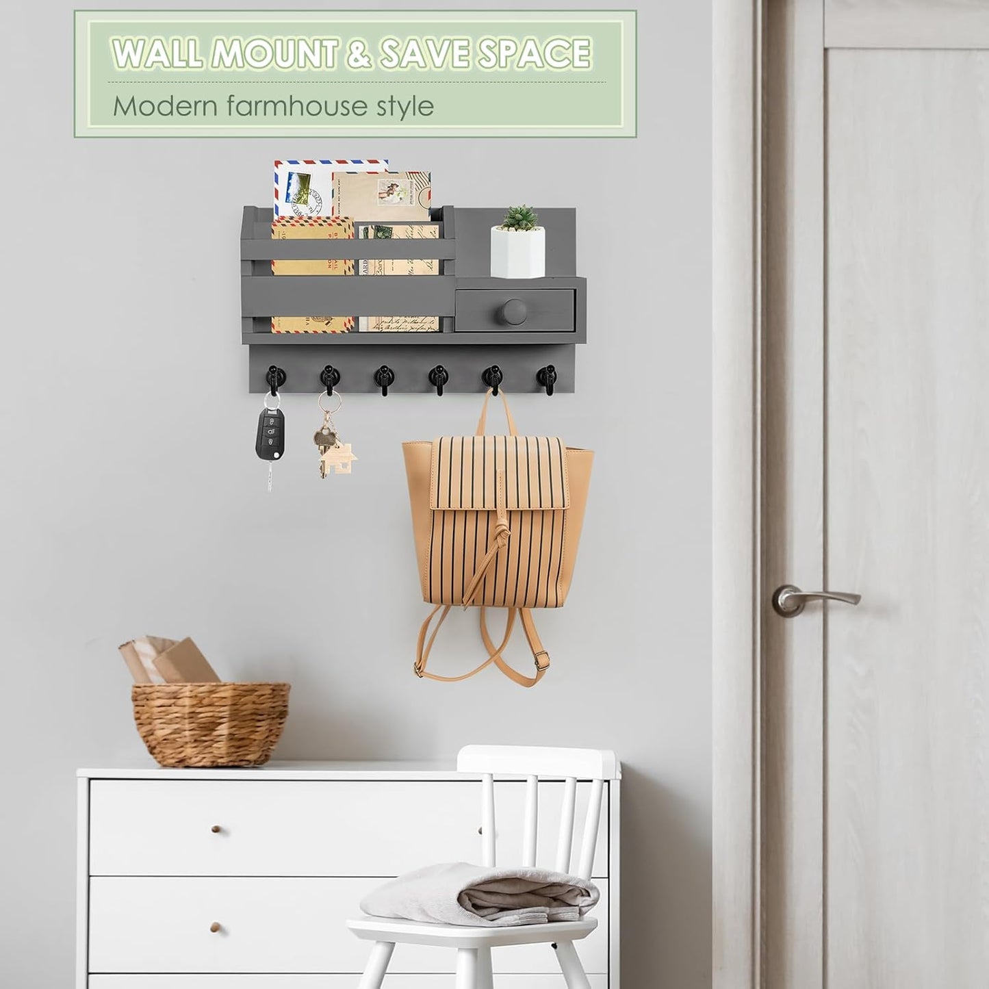 VIS'V Key Holder Wall Mount, Wooden Mail and Key Organizer with Drawer and Shelf, 2 Slots, 6 Hooks, Grey
