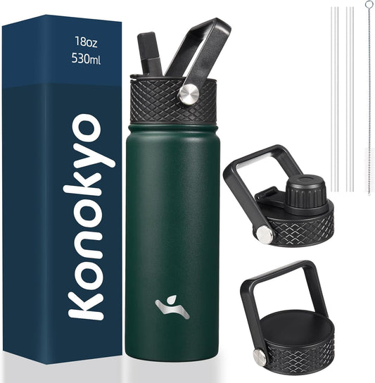 18 oz Insulated Water Bottle Stainless Steel Sport Bottles with 3 Lids,Army Green