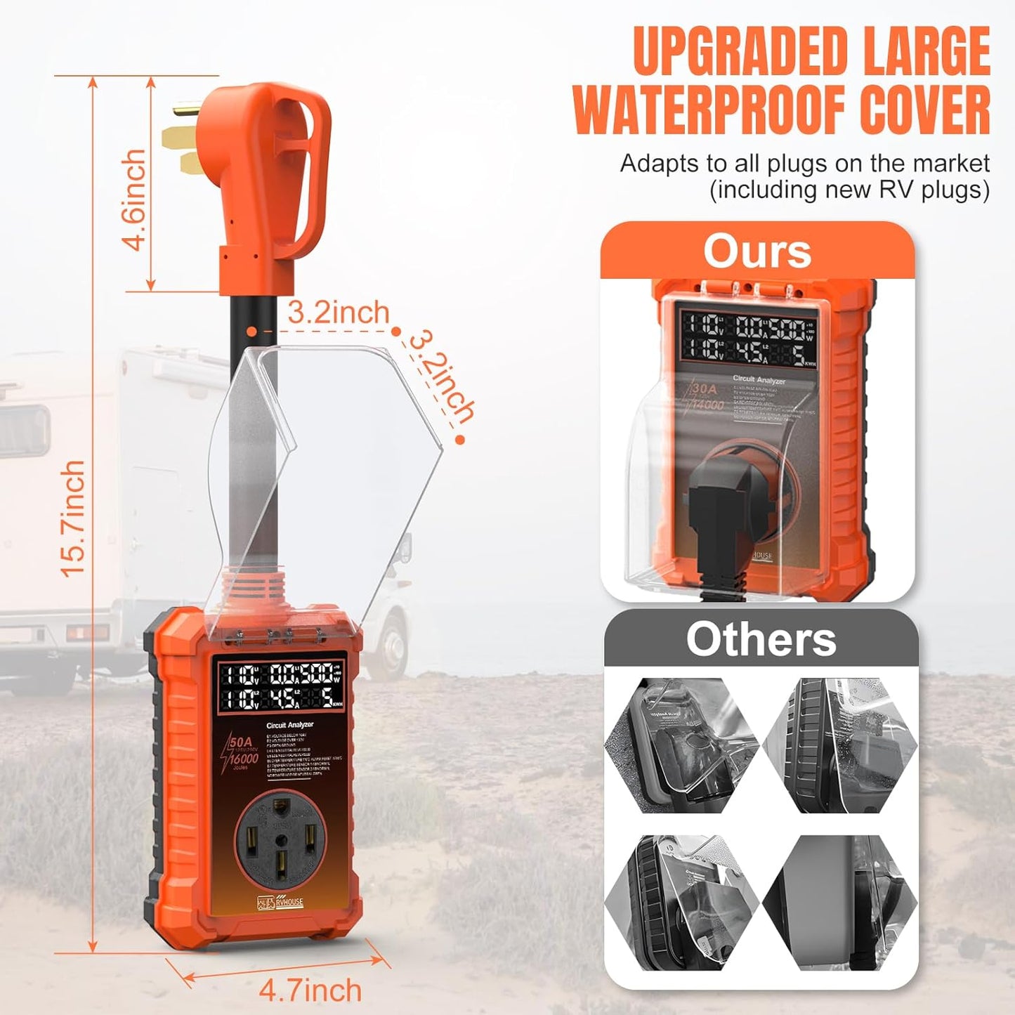50 Amp RV Surge Protector 16,000J with Smart LED Display & Real-Time Voltage/Current/KWH Monitoring, Auto Shutoff/Reset, High/Low Voltage, Waterproof, Circuit Analyzer, Clear Error Codes for Campers