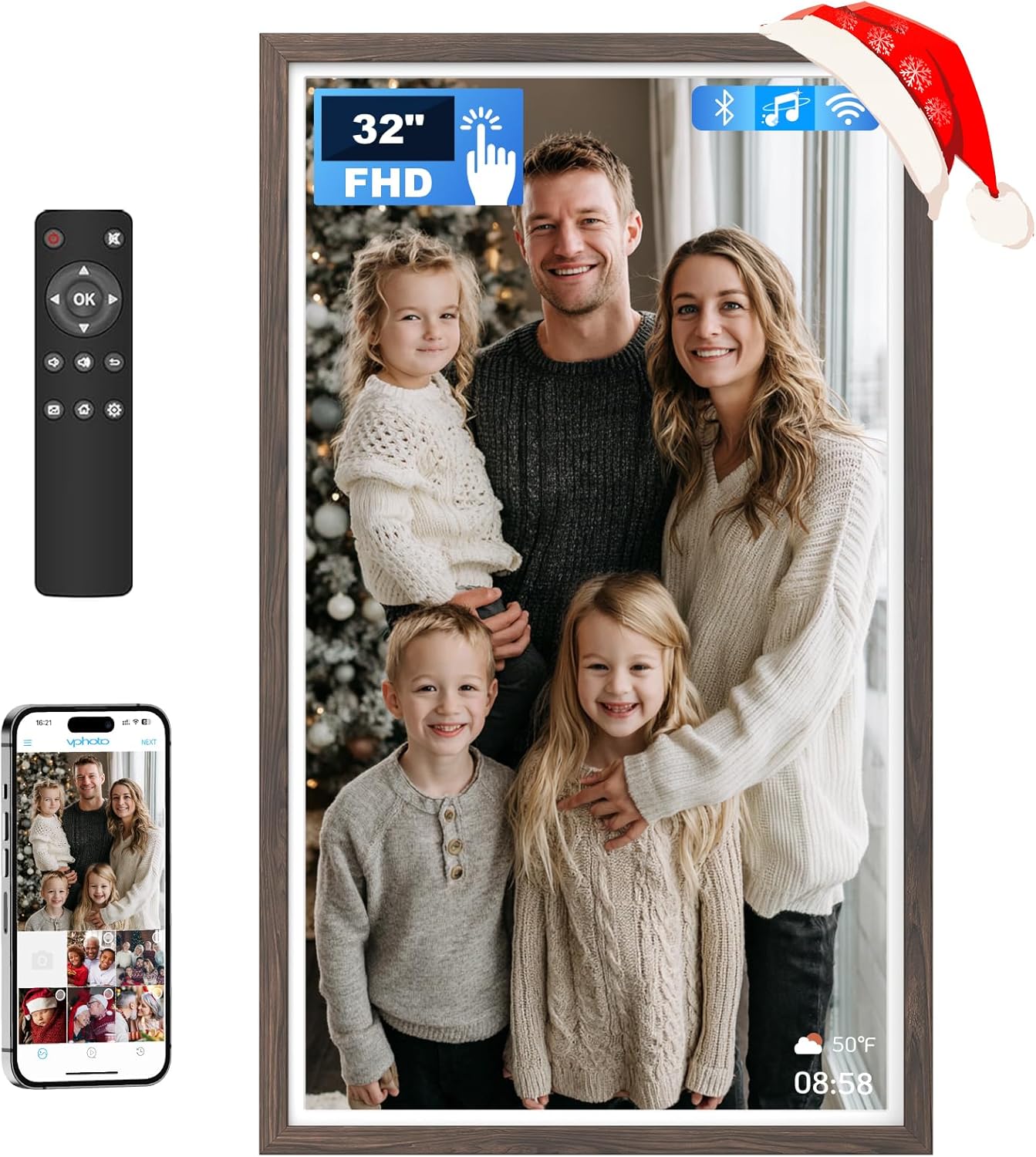 32 Inch FHD Extra Large Digital Picture Frame Touchscreen, 64GB FHD IPS WiFi Digital Photo Frame Remote, Share Photo/Video via Apps, Email, Auto-Rotate, Dark Wood Pattern