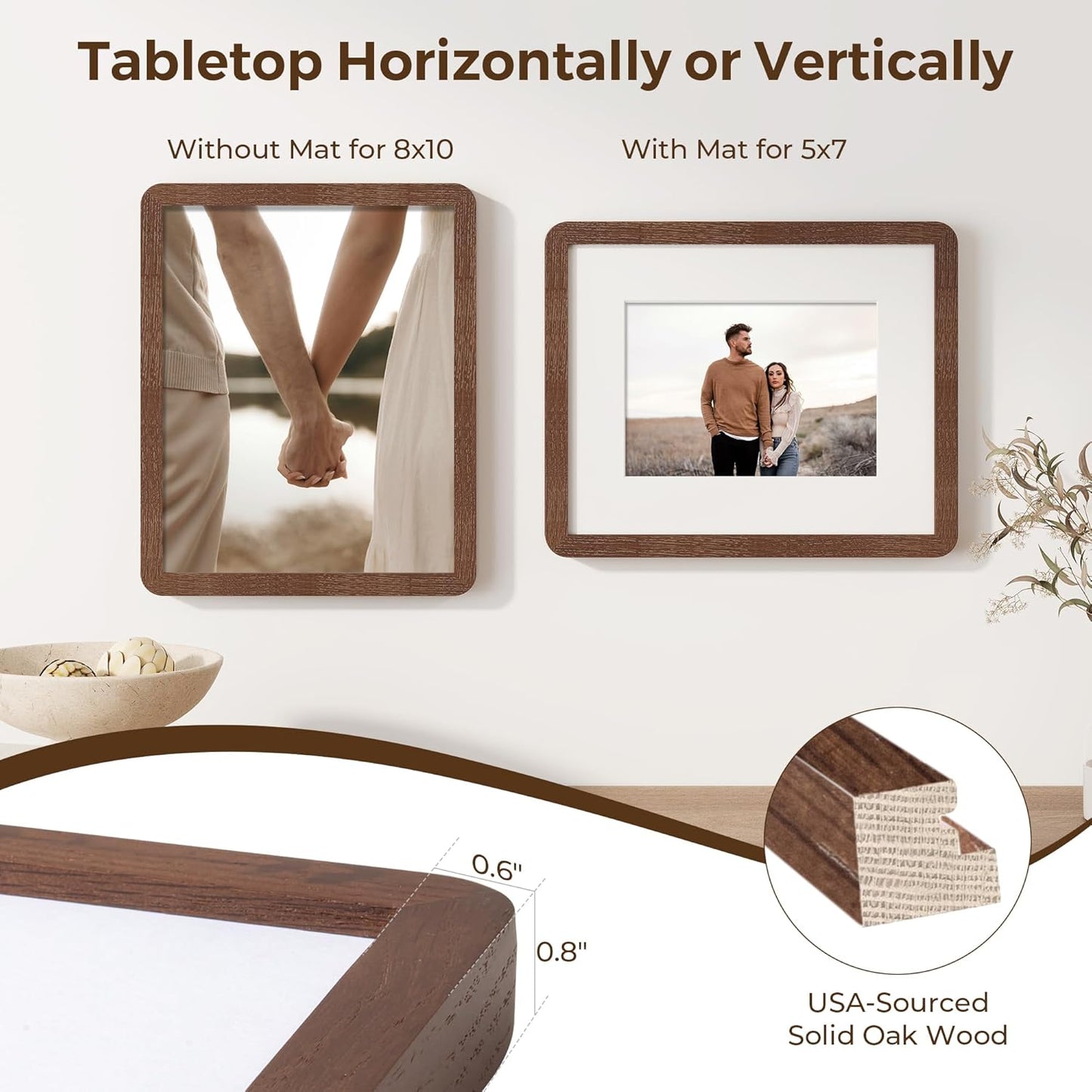 8x10 Picture Frame, Rustic 8 by 10 Photo Frame for Wall & Tabletop Display - Solid Oak Wood & Tempered Glass, 8x10 Picture Frame Matted to 5x7, Wood Collage Frames for Home, Walnut Color, 1 Pack