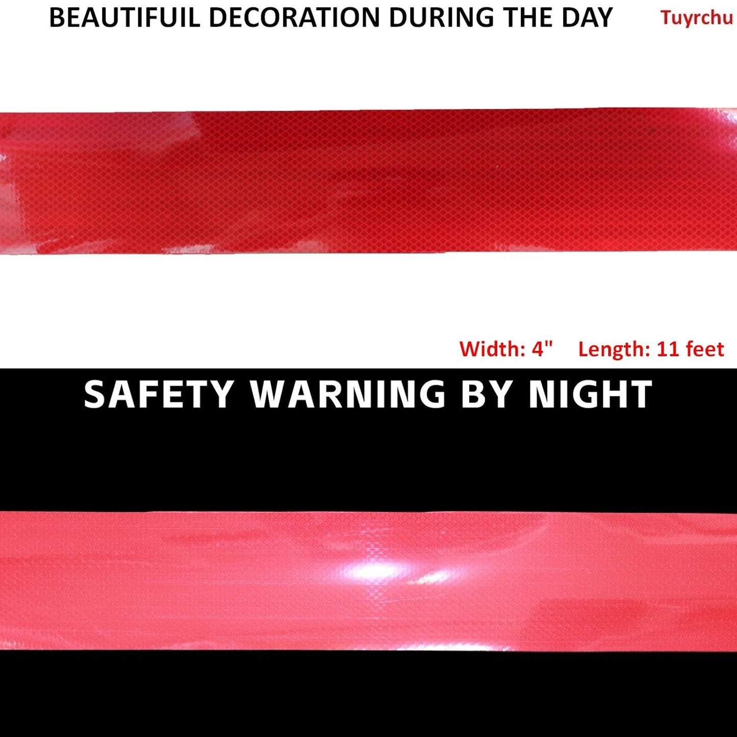 Non Fading Reflective Tape Red Outdoor Waterproof 4 inch, High Visibility Warning Industrial Marking Tape, Safety Stickers (11 feet)