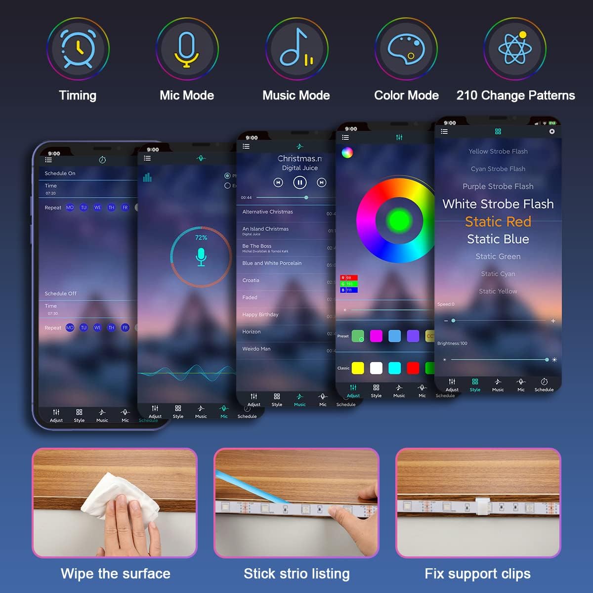 10 PCS RGB Under Cabinet Lighting Kit, App and Remote Control Led Strip Lights, Music Sync Color Changing Led Lights with ETL Listed Power Adapter, for Cabinet, Counter, Shelf, 16.4ft