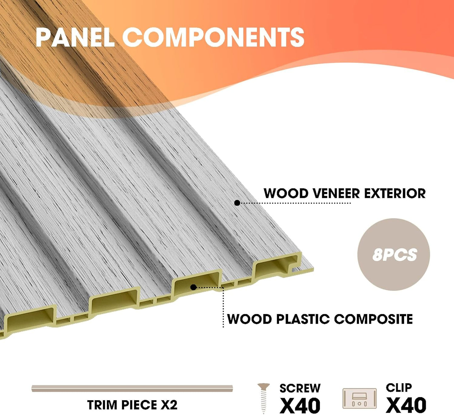 OUZUGIE WPC Acoustic Slat Wall Paneling, 8-Pack 96 x 6 Inches 3D Wall Panels for Interior Wall Decor,Living Room,TV Background,Study Room,Office Spaces,Bedroom,Low Grille (Grey)