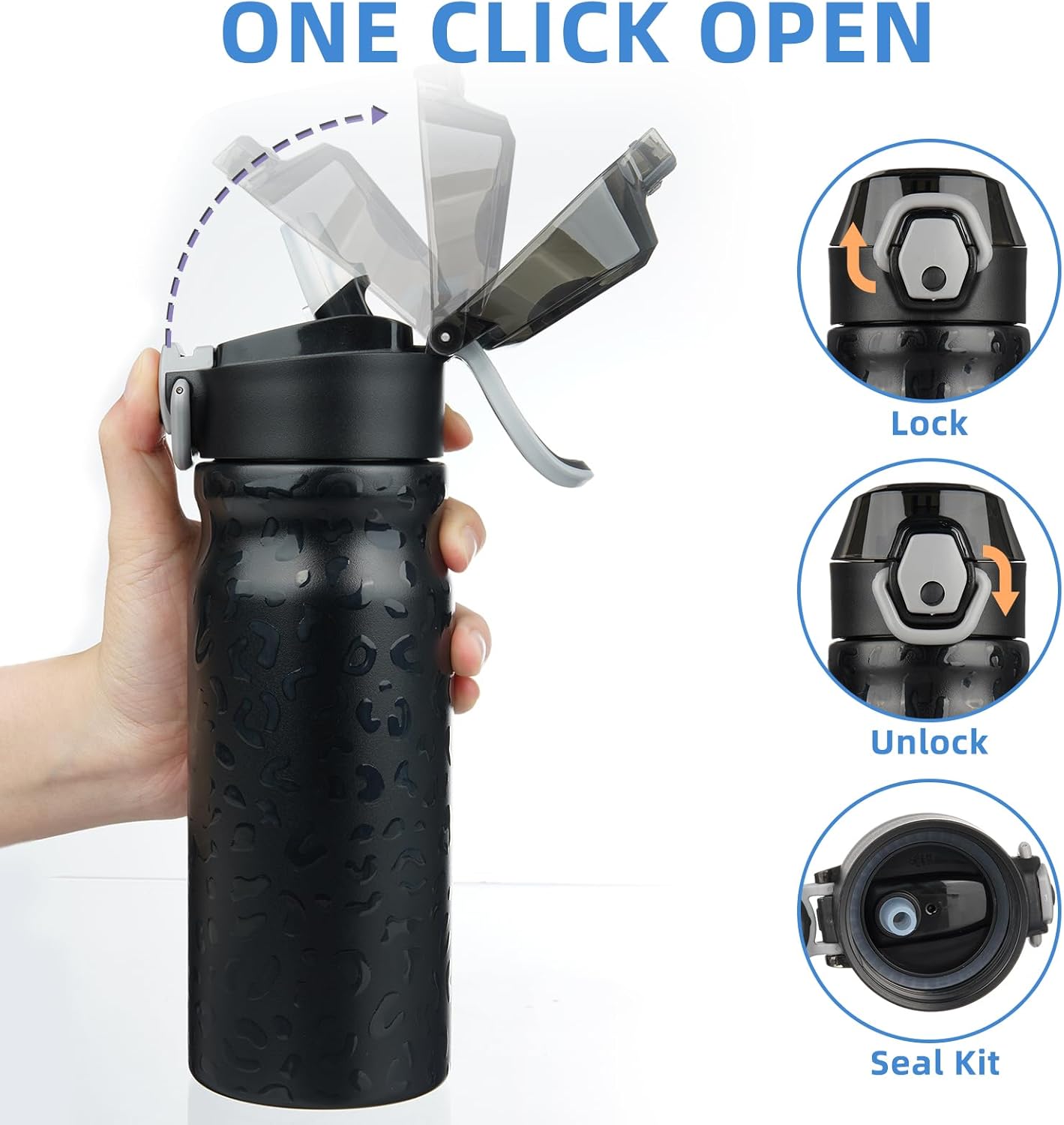 BJPKPK 18oz Insulated Water Bottle with Straw Stainless Steel Double Wall Water Bottles BPA Free Leak Proof Thermal Flask with Lockable Flip Lid and Soft Silicone Spout,Black Leopard