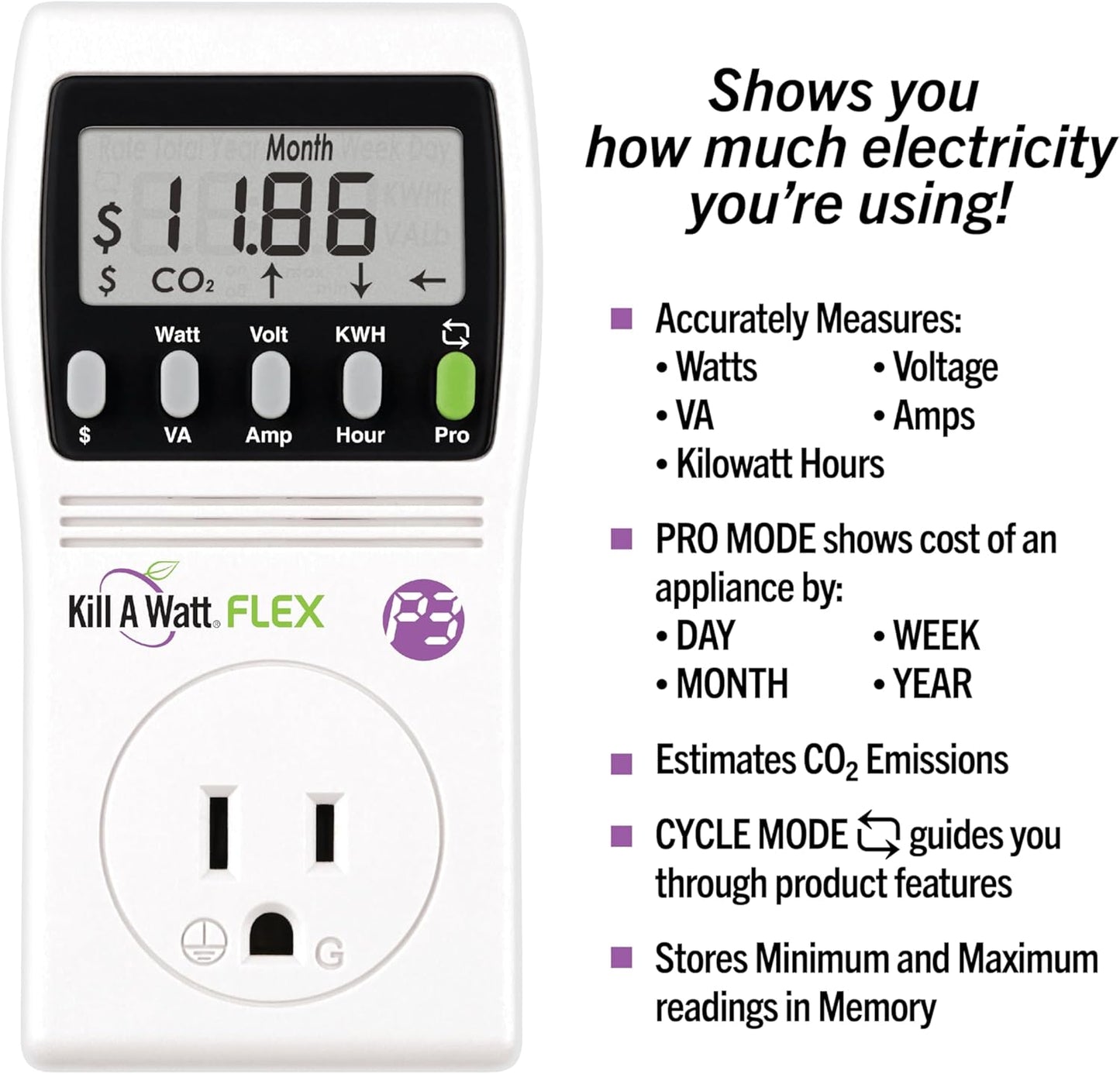 P3 International P4456 Kill A Watt Flex Plug-in Electricity Usage + Power Consumption Monitor, Watt Voltage Tester, Electrical Energy Saving Monitor with Auto Cost Calculator